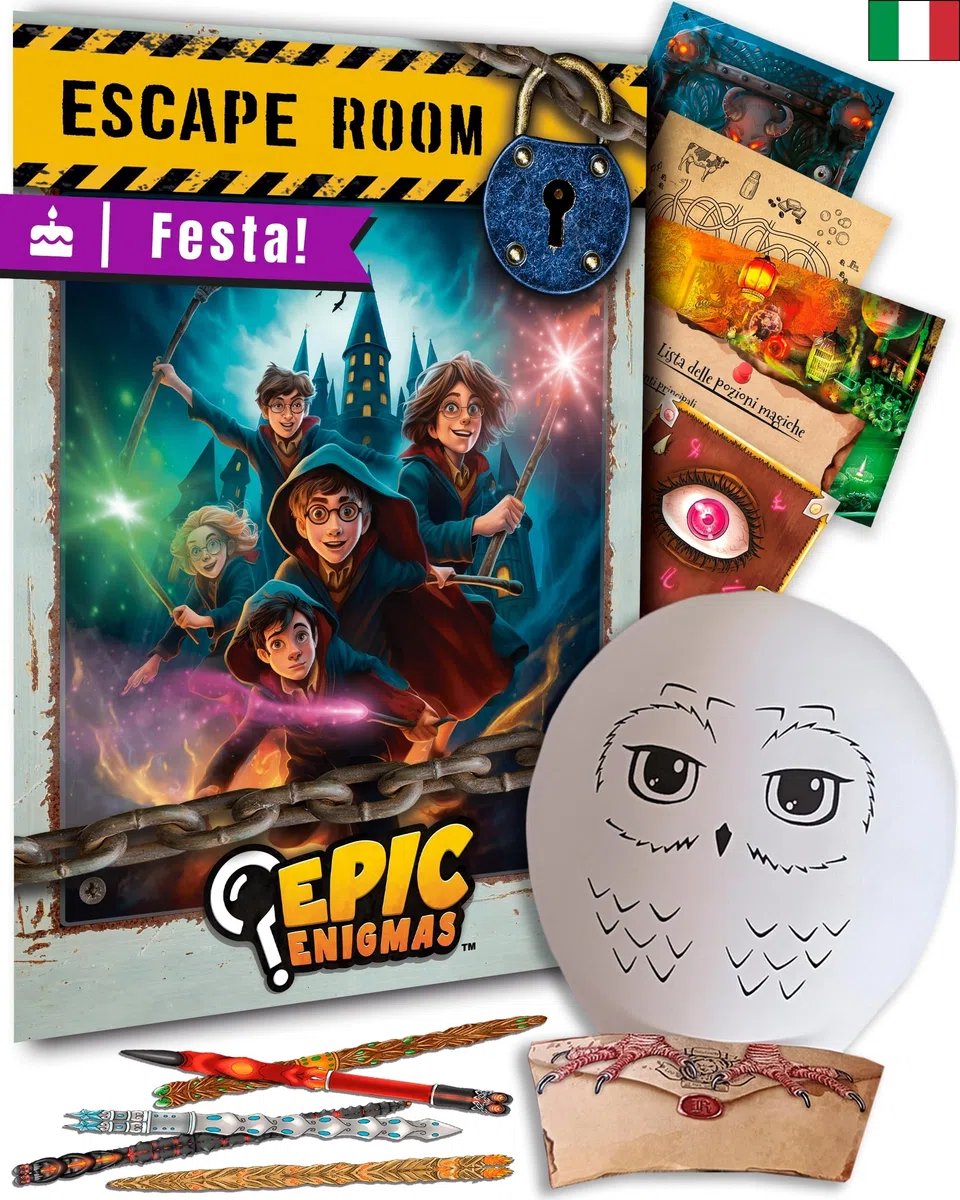 EPIC ENIGMAS | Escape Room Compleanno Bambini | 5 a 12 anni | 6-25 giocatori | Decorazioni Compleanno | Gadget Compleanno Bambini | + Adesivi Harry Palloncini Compleanno