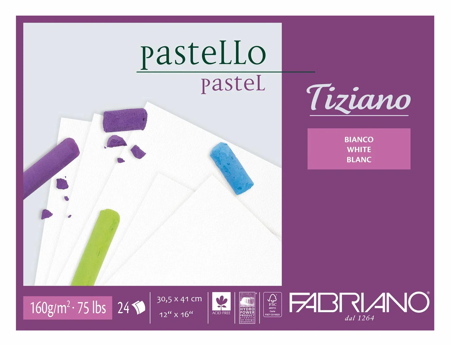 Unbekannt FABRIANO Tiziano Pastello Bianco Pastello 30,5 x 41 cm 24 Fogli 160 g/m2 Alto Straccio Acido e Resistente all'invecchiamento Superficie Ruvida, 30,5 x 41 cm