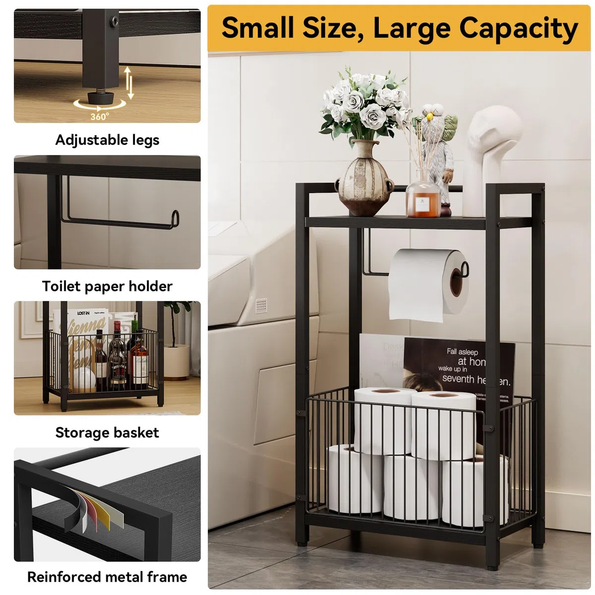 IBUYKE Portarotolo da bagno autoportante con ripiano portaoggetti, porta carta igienica con spazio extra per rotoli, riviste, salviettine umidificate Nero TLJ020B