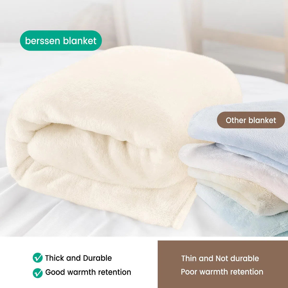 berssen Coperta Plaid - 200 x 230 CM - Bianco Avorio Winter Blanket - Coperta Divano, Morbida, Accogliente, Nessun Odore, Lavabile in Lavatrice, Adatto per l'Autunno e l'Inverno, Antistatico