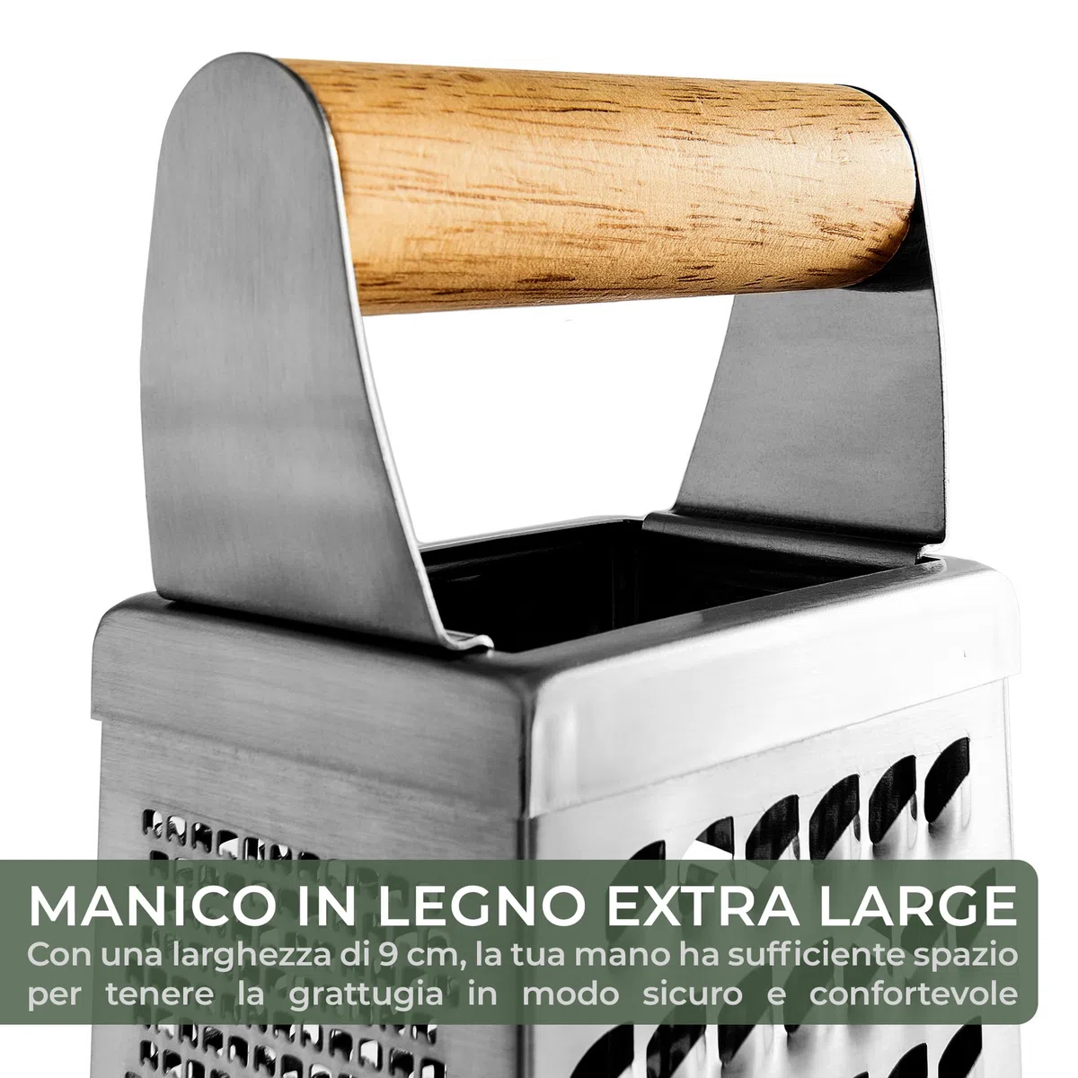 WALDWERK Grattugia Design (24,5x10,5 cm) – Grattugia formaggio manuale in acciaio inox con lame incise – Grattugia verdure con vassoio raccoglitore in legno massello senza plastica