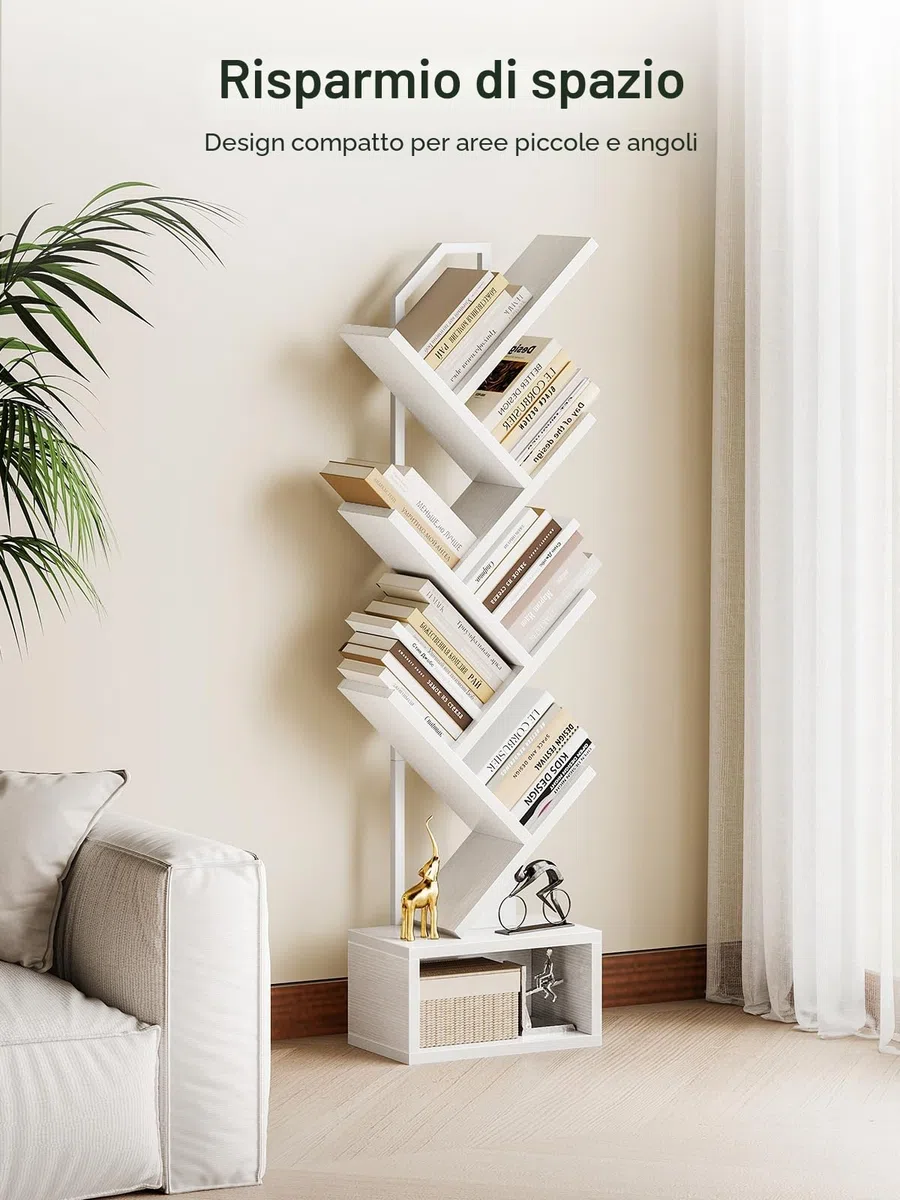 Coleshome Libreria ad Albero, Scaffale a 6 Ripiani con Divisori, Scaffale Legno Adatto per Soggiorni e Camere da Letto, Bianco