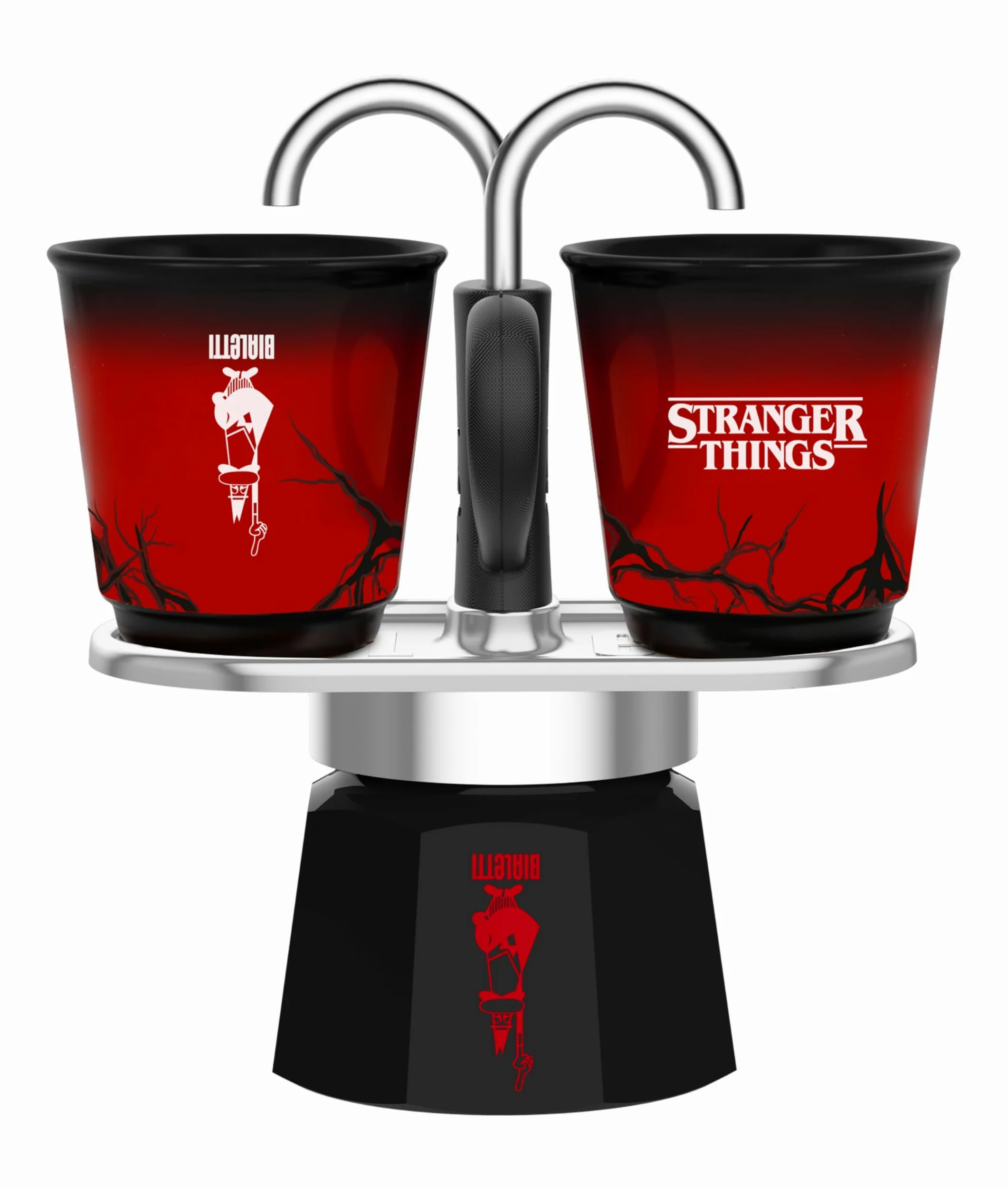 Bialetti Set Mini Express Stranger Things, 2 Bicchierini Termosensibili in ceramica inclusi, Cambia colore, Non adatta all'induzione, Nero, 2 Tazze