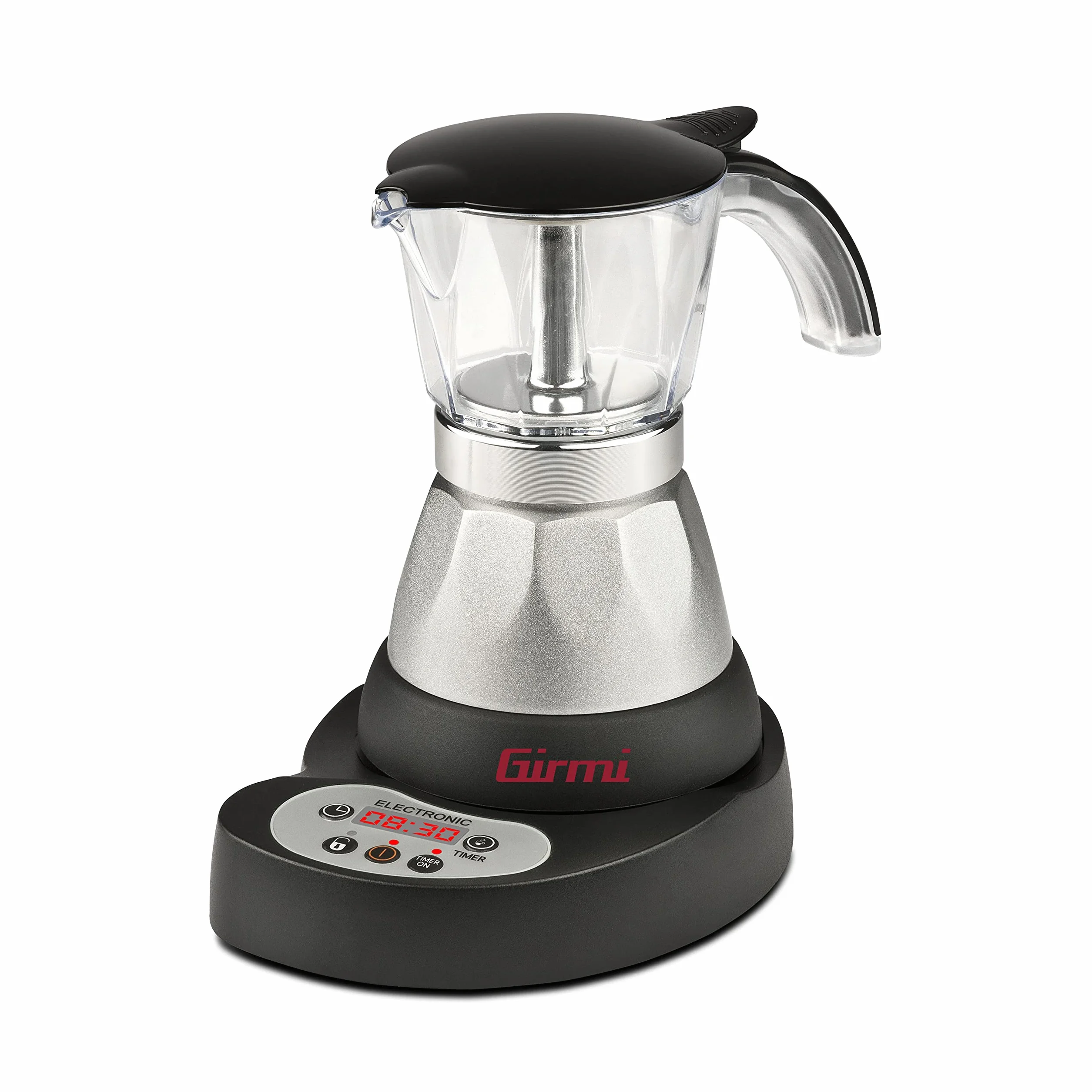 Girmi MC23 Moka elettrica Programmabile per caffè in polvere, da 1 a 3 tazze, 400W, Display LED, Timer, Mantenimento in caldo, Rotazione 360°, Nero/argento