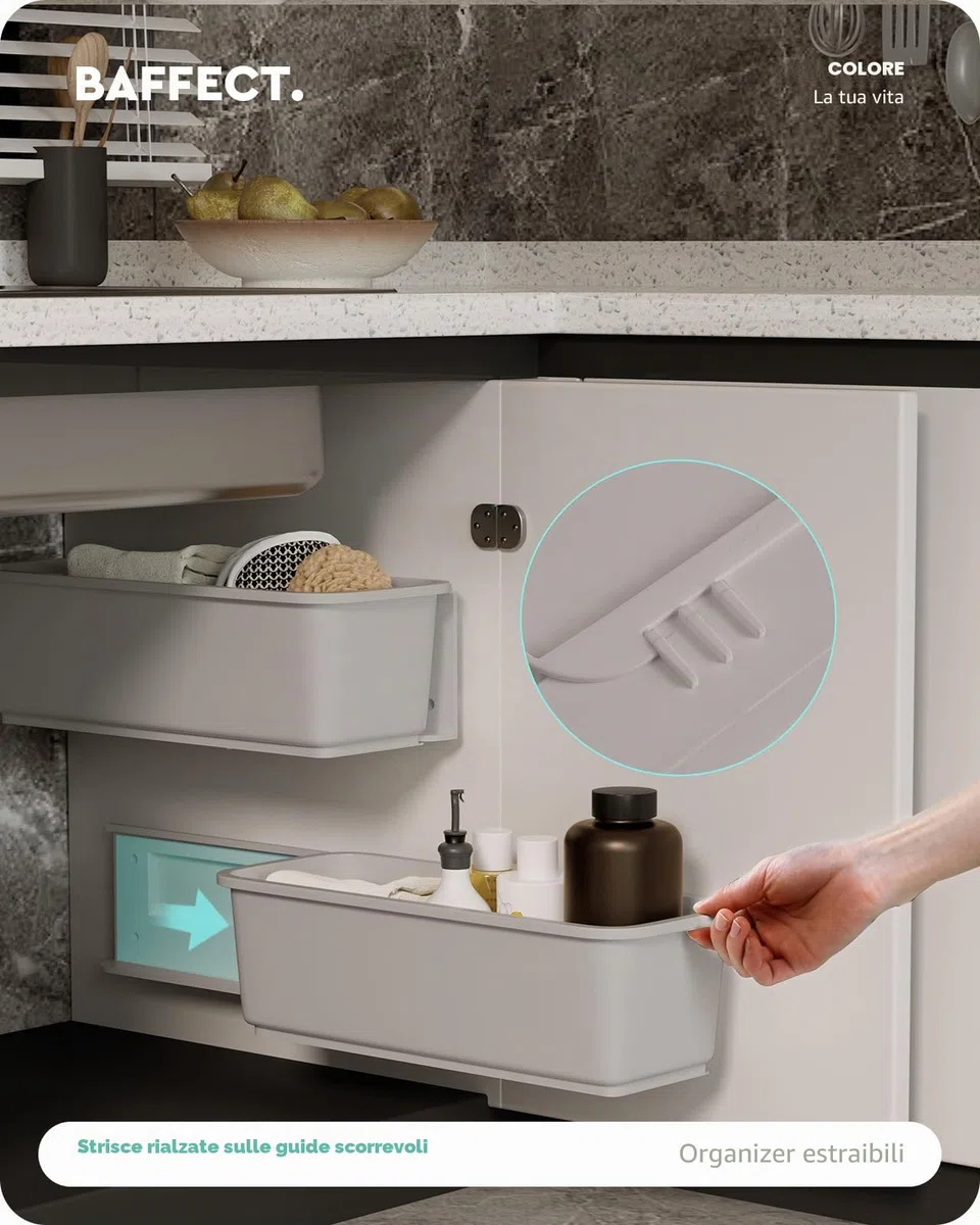 Baffect 2 pezzi Organizzatore mobile per cestello scorrevole per bagno in cucina, cassetti estraibili sotto organizer per lavandino Cestini scorrevoli fissati a parete per dispensa Doccia (grigio)