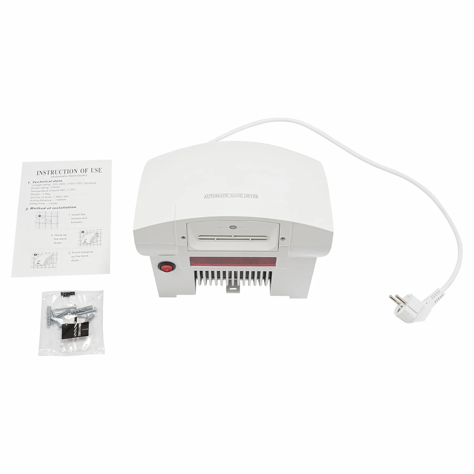 Asciugamani automatico, 1200 W, con sensore a infrarossi, con aria calda/fredda, tempo di asciugatura rapida, 10-15S, asciugatura automatica, compatto per bagno e commerciale, montaggio a parete