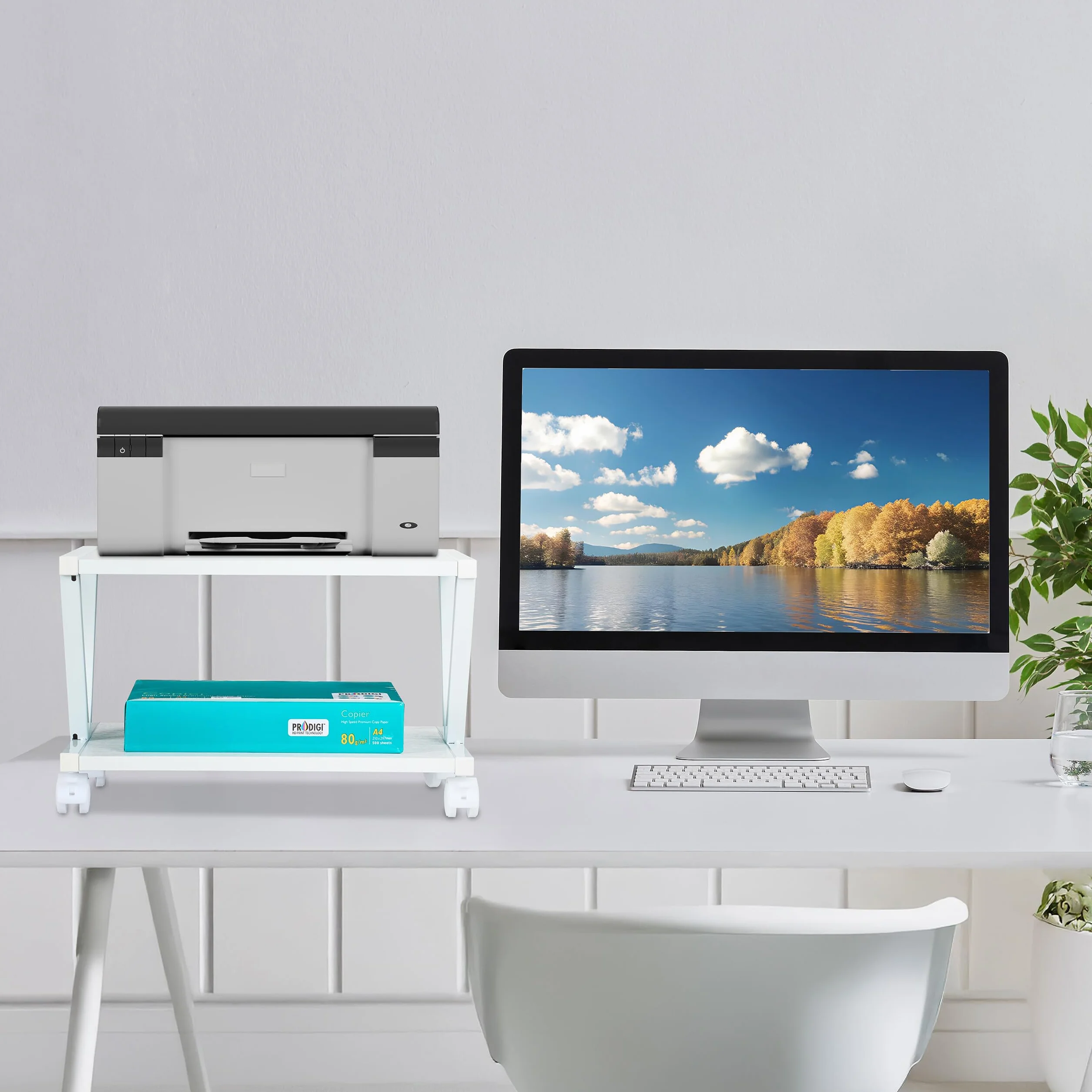 Relaxdays Porta Stampante da Scrivania, Supporto Organizer 2 Ripiani su Ruote, Portadocumenti, HLP 28x44x28,5 cm, Bianco