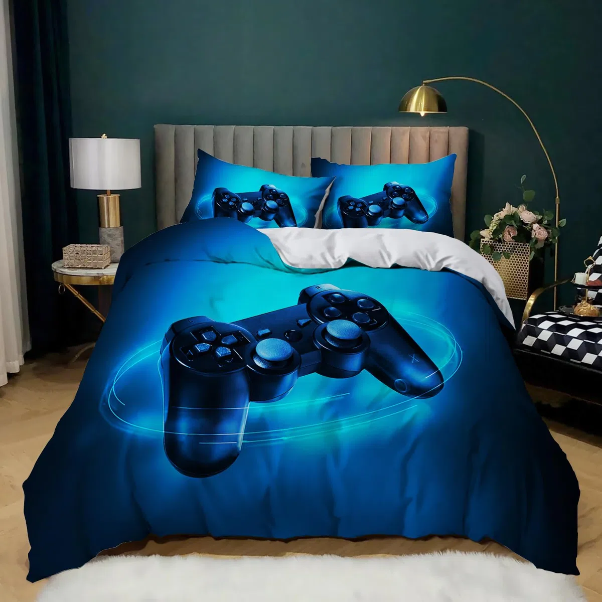 Set di Biancheria da Letto Gamepad 135x200 cm,Set di Copripiumini da Gioco Stampati in 3D,1 Copripiumino e 2 Federe 50×75 cm