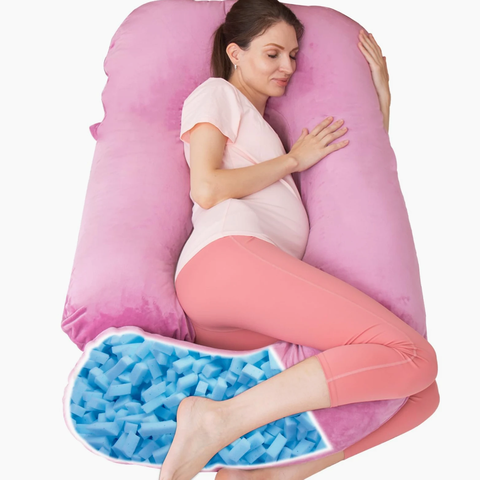 Cuscino gravidanza in memory foam triturato per dormire, cuscino maternità per donne incinte, supporto addominale, corpo intero a forma di U (memory foam, viola chiaro)