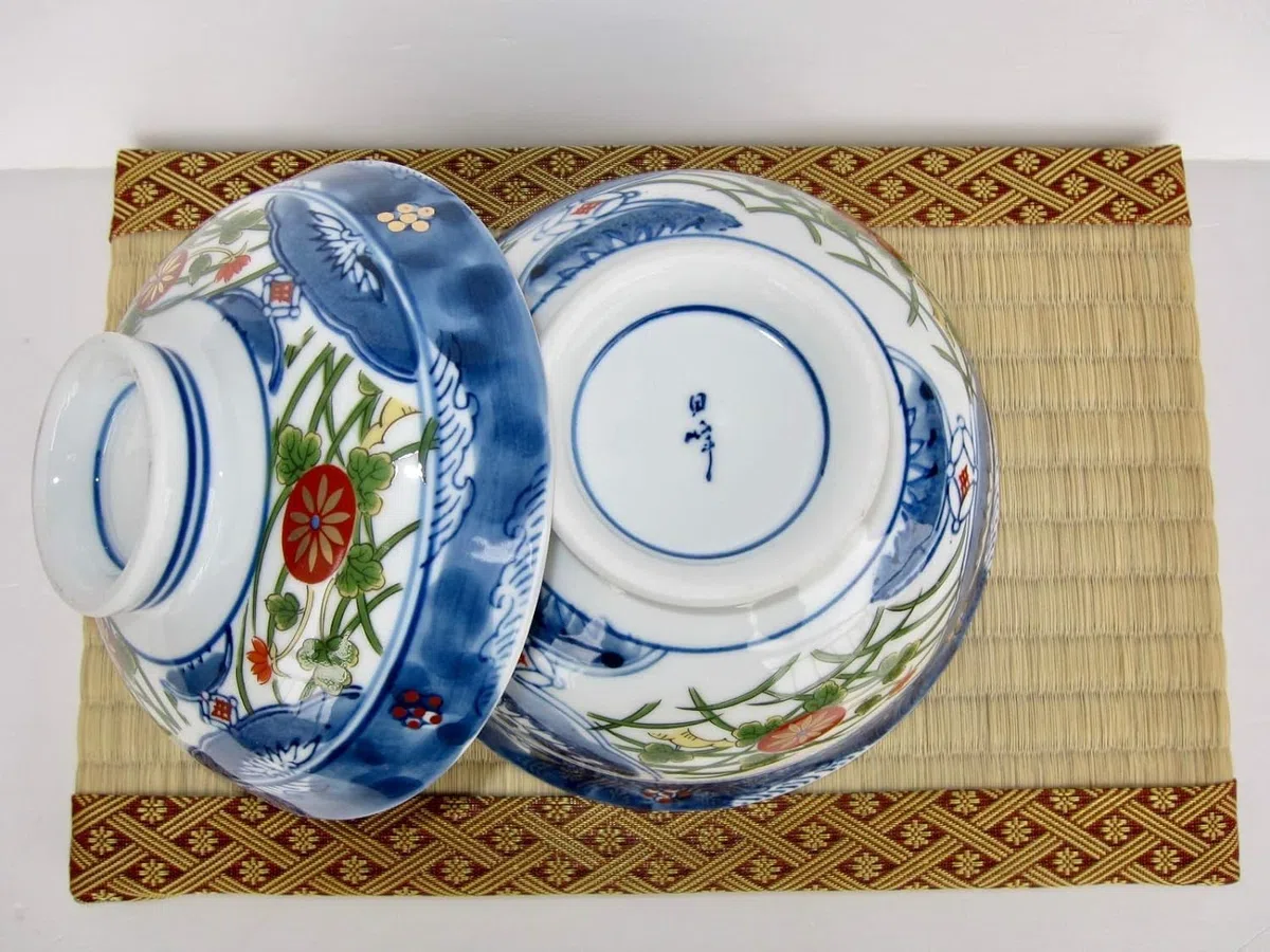 Ciotola giapponese Mino Ware, diametro 15 cm, in porcellana, Somenishiki, Koimari, Donburi, Ramen, zuppa, riso con coperchio
