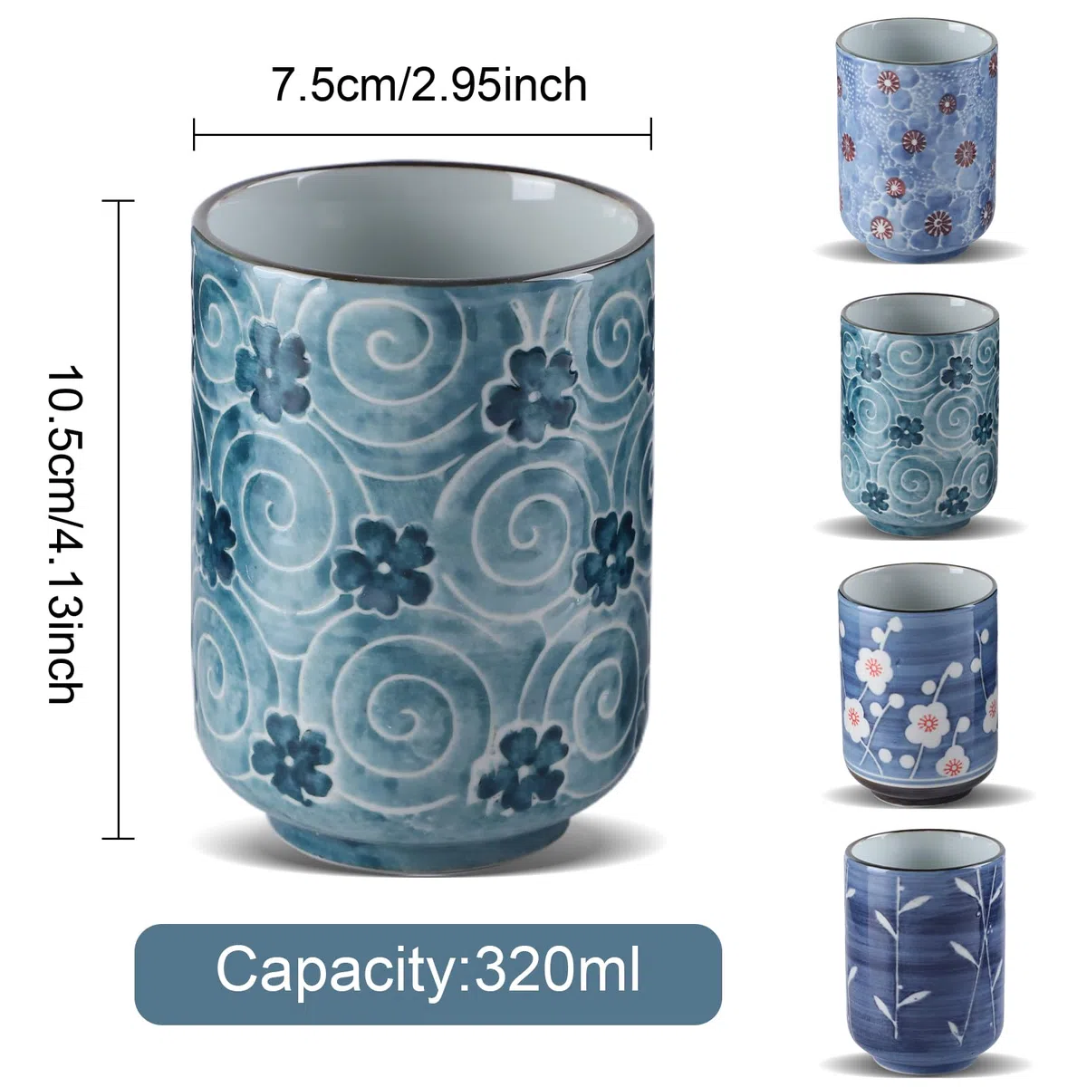 Tazze da tè giapponesi in ceramica, 11 Oz, 320 ml, set da 4 tazze da tè cinesi senza manico, tazze da tè asiatiche senza manico, tazze cinesi per caffè sake, tè e fiori, bel design