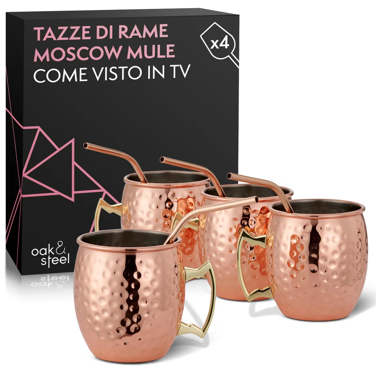 Oak & Steel - Confezione da 4 Esclusivi Bicchieri Moscow Mule in Rame con Spazzola in Acciaio Inossidabile e Cannuccia per Bevande Fredde