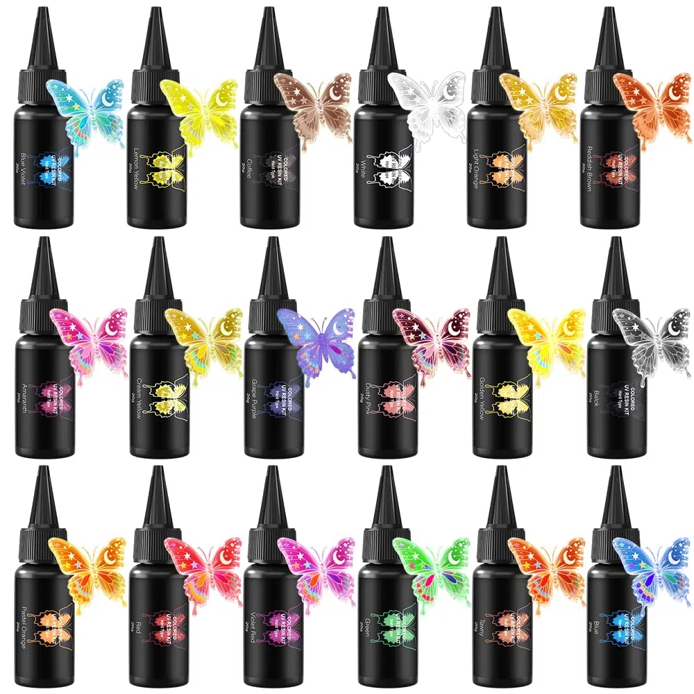Kit di resina UV in 18 colori, resina epossidica trasparente a polimerizzazione rapida, per la creazione di gioielli, artigianato fai da te, nail art, alta durezza e sicurezza (20 g ciascuno)