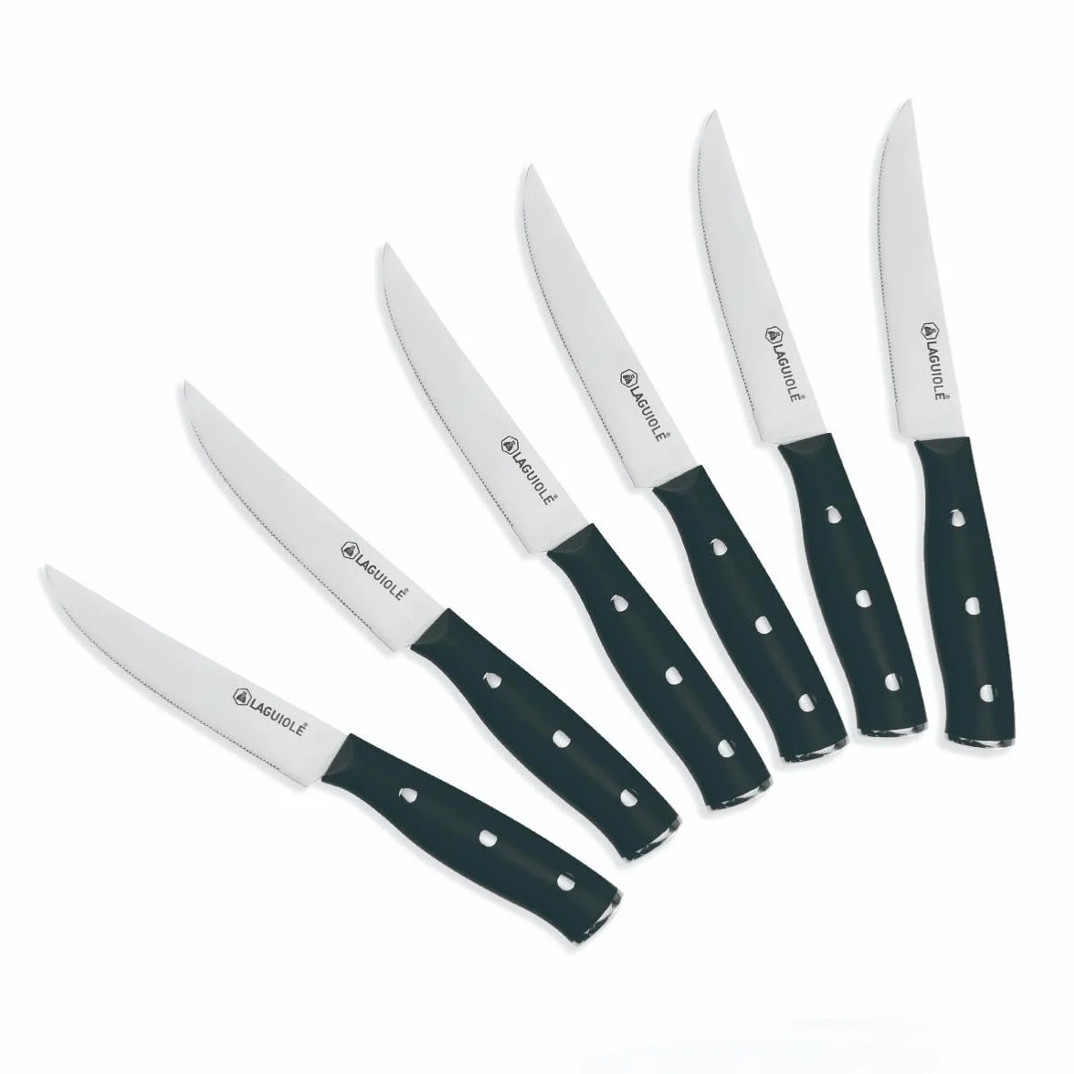 LAGUIOLE, Set 6 Coltelli Bistecca 'Gleam' Neri - Lama in Acciaio 3CR13, Manico ergonomico in ABS, Eccezionale Nitidezza, Durezza 53 HRC, 22,3 cm, Finitura a Specchio, Nero