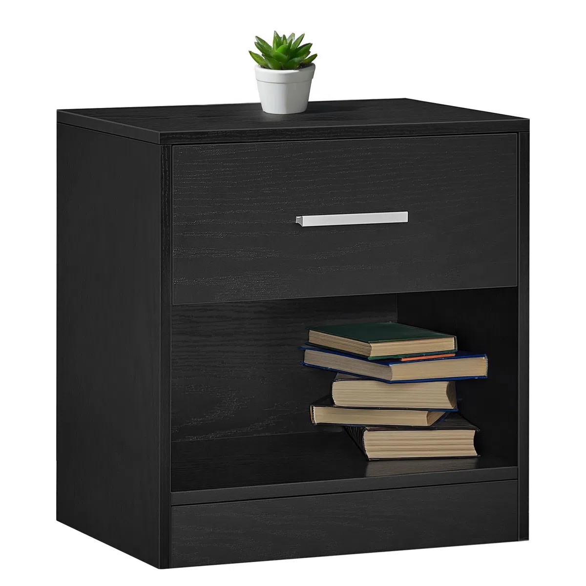 IlGruppone Comodino Moderno Cassetto con Maniglia E Scomparto Aperto Camera da Letto Portalibri Oggetti Mensola Libreria - Nero