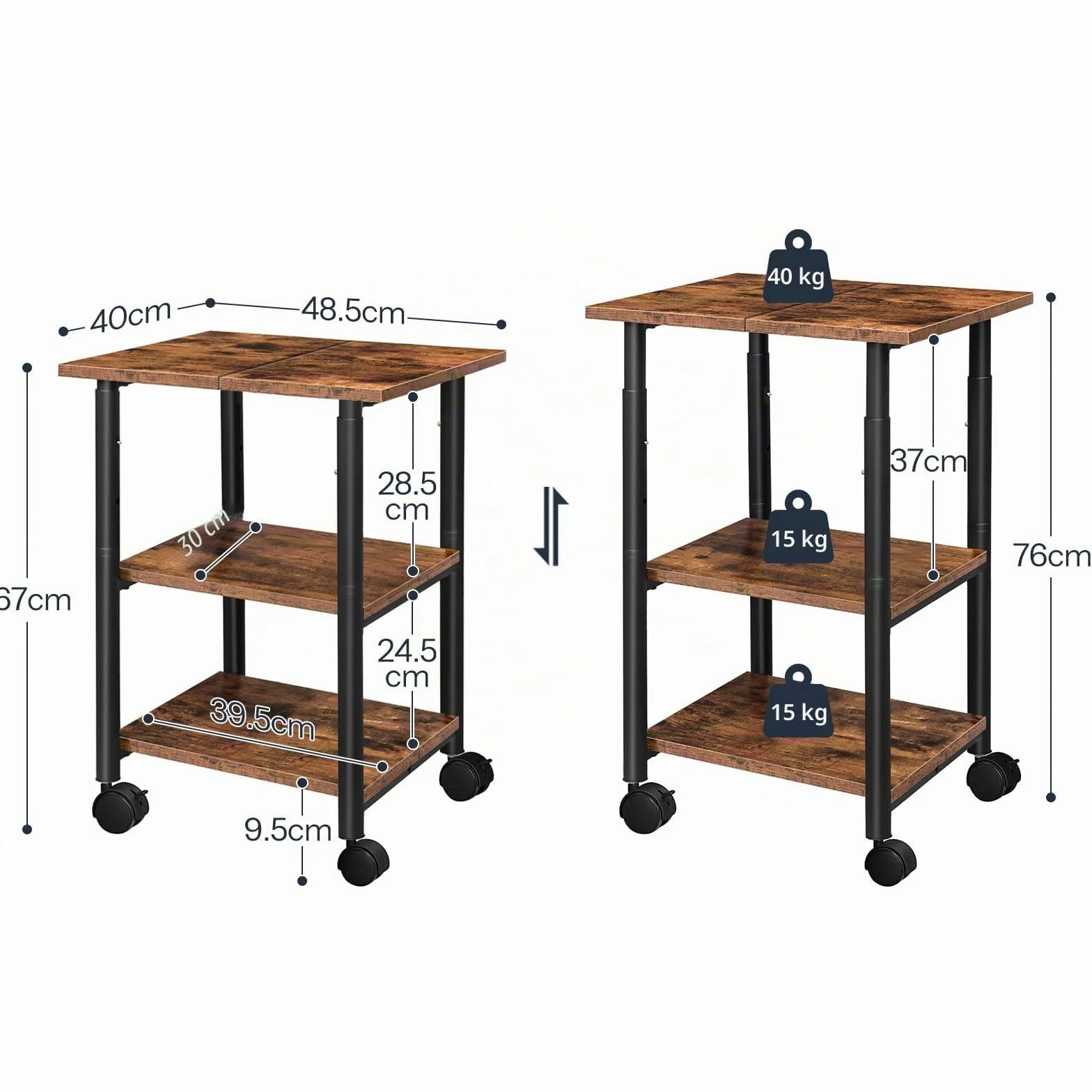 HOOBRO Porta stampante, Carrello a 3 Livelli, Scaffale Portaoggetti con Rotelle, 48.5 x 40 x 67 cm, Montaggio Facile, Design Industriale, per Studio Ufficio Scuola, Marrone Vintage e Nero EBF03PS01