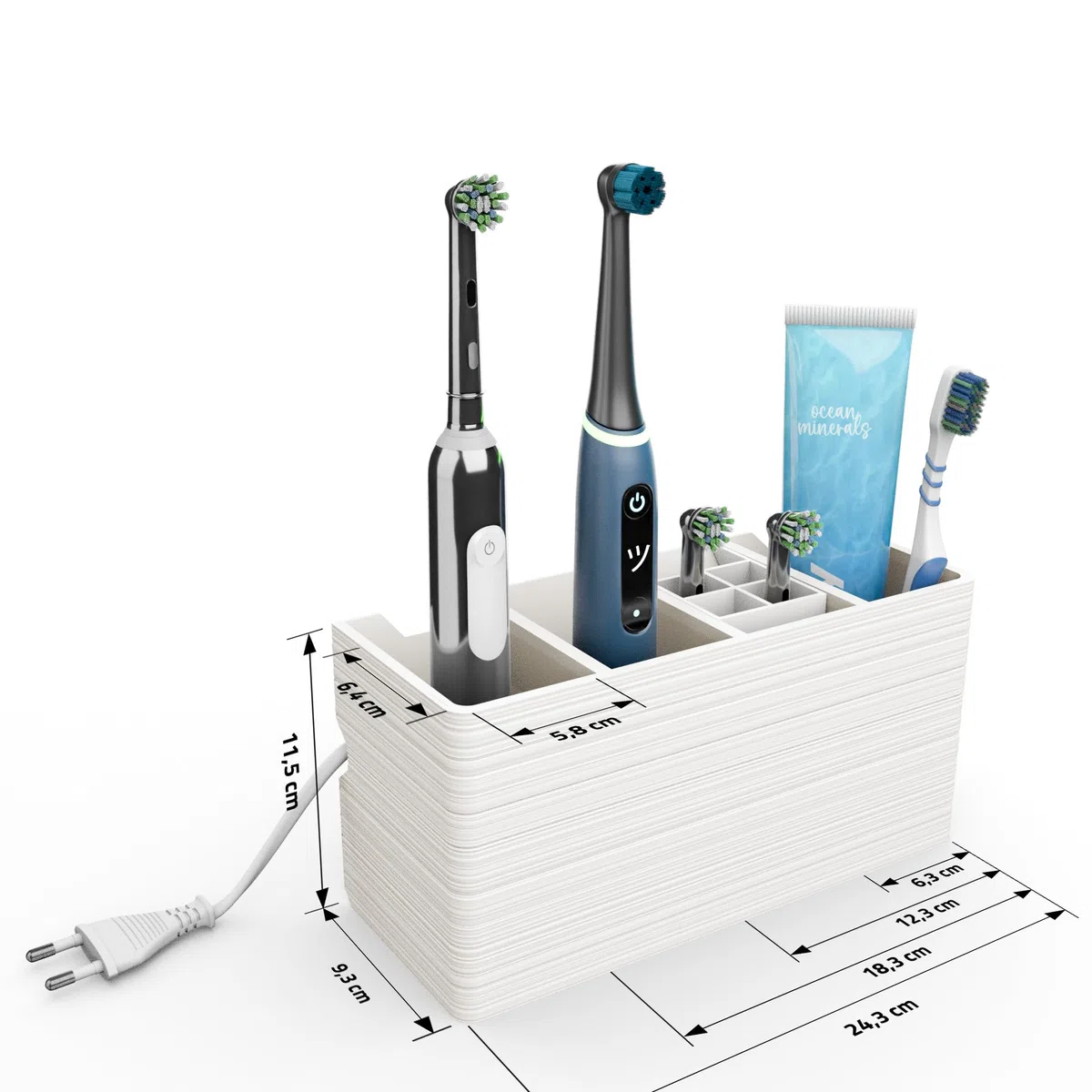 Portaspazzolino con gestione dei cavi per spazzolini elettrici, nasconde i cavi, 24,3 x 9,3 x 11,5 cm, con integrazione dei cavi, 4 scomparti, montaggio a parete o autoportante (bianco, 4 scomparti)