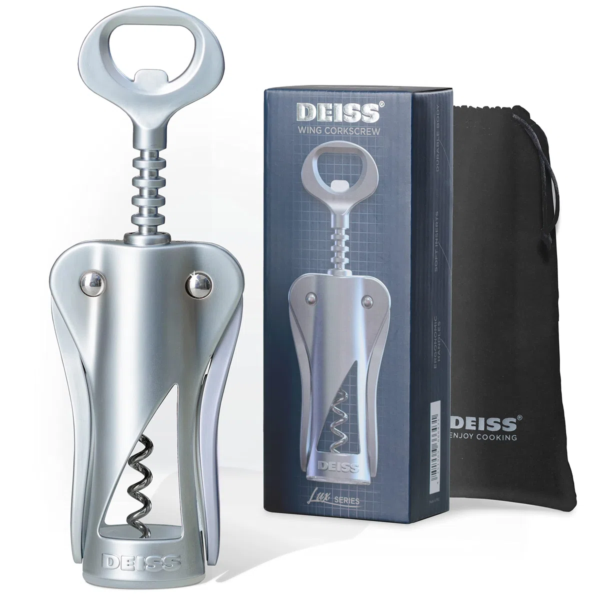 Apribottiglie per vino Deiss Lux, cavatappi ad alta interamente in metallo con apribottiglie per birra incorporato - tappatore ergonomico per vino