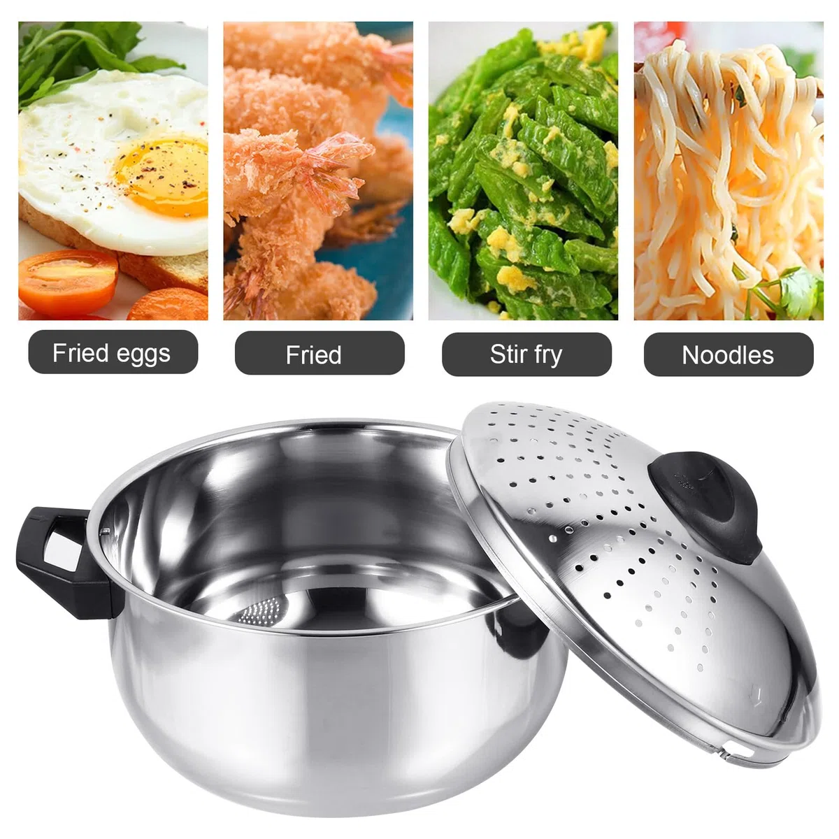 Garvalon Pentola Per Pasta in Acciaio Inossidabile Con Coperchio E Scolapasta Integrato Cuoci Noodles Rapido Leggero E Portatile Adatta Per Fornello Induzione