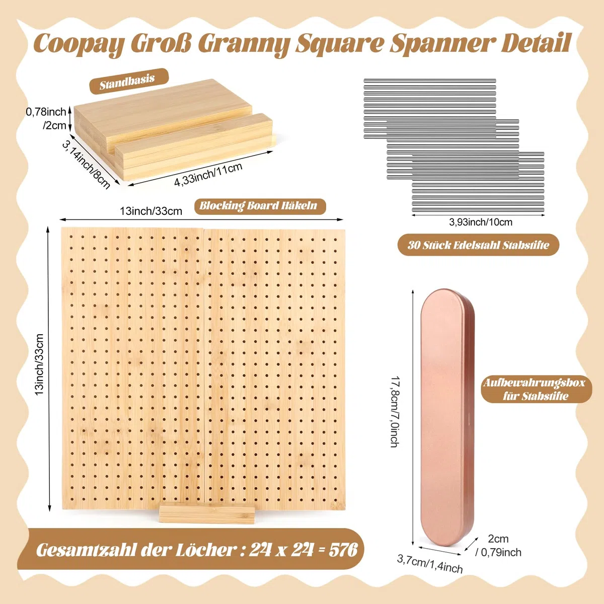 Coopay Granny Square Tenditore grande, 33 x 33 cm, con 30 perni in acciaio inox, pieghevole, in bambù, per lavori a maglia e all'uncinetto, 33 cm