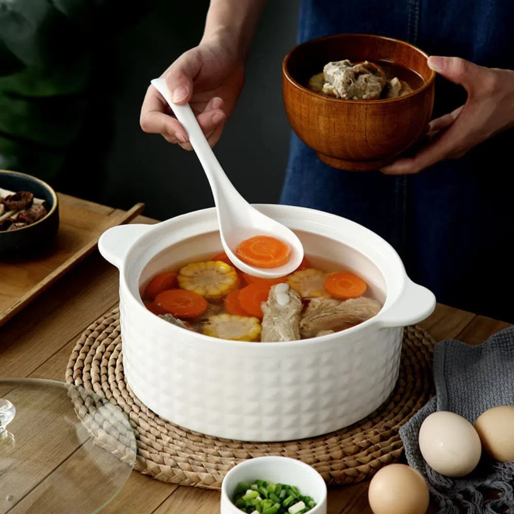 Tureen da zuppa con coperchio e mestolo, set da 2 l, in ceramica con coperchio in vetro, ciotole da zuppa con doppio manico, porcellana, bianco, adatto al microonde e lavastoviglie