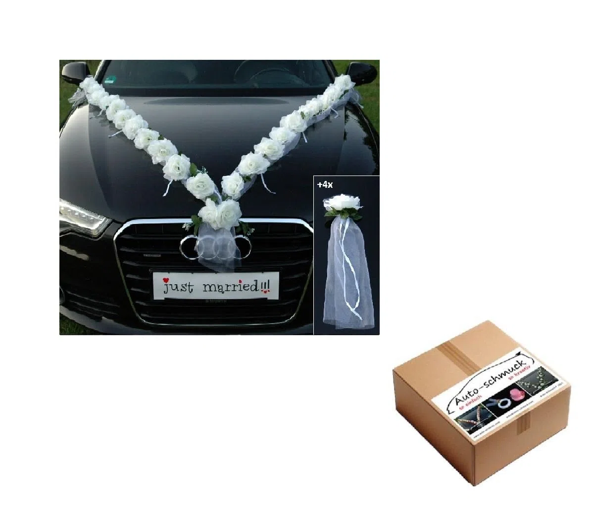 Autoschmuck - Due ghirlande di rose artificiali, decorazione per auto per matrimonio (bianco)