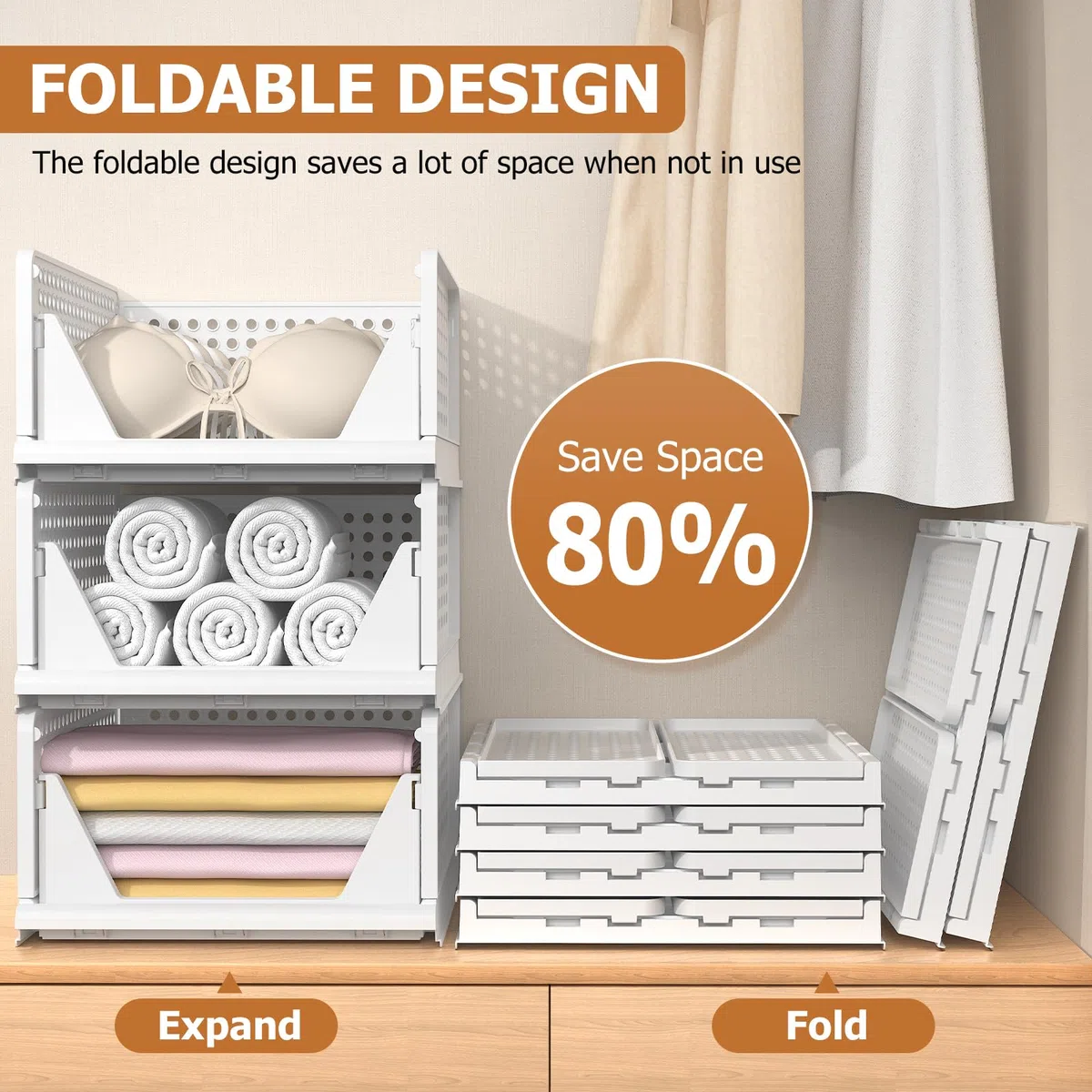 Organizer Armadio Cassettiere, Set di 4 Organizer Pieghevole Impilabili in Plastica per Armadio per Vestiti, Camera da letto, Casa, Cucina, Bagno, Bianco (43 x 33 x 72cm)