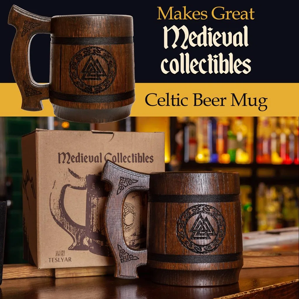 Teslyar 0.6 Tazza Vichinga | Birra Viking | Regalo da Uomo per Natale | Boccale birra in legno vichingo | Regalo Uomo | Regalo Natale | Boccale vichingo | il Segno di Odino
