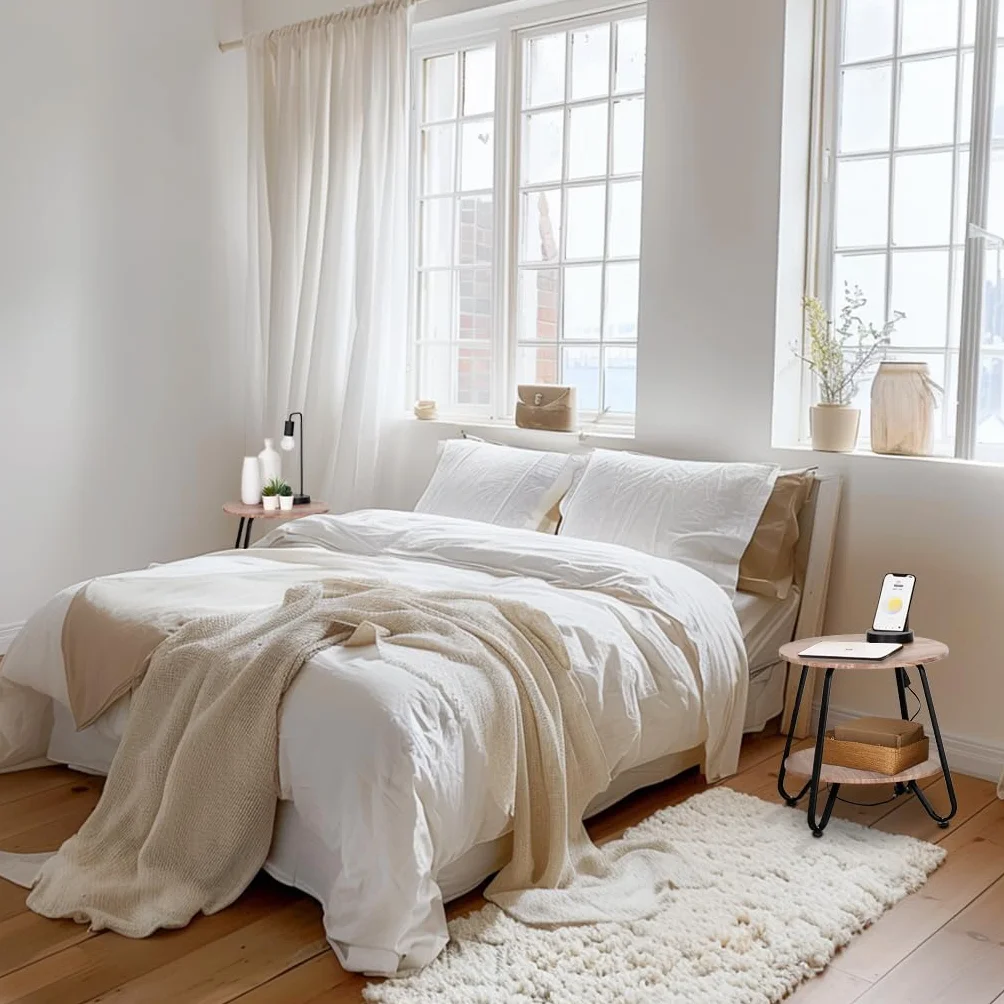 MEUBLE COSY Tavolino da caffè Rotondo Comodino con Ripiano per Soggiorno Camera da Letto, Design Scandinavo, Struttura in Metallo, Legno ingegnerizzato, Marrone Chiaro e Noir, 46x46x45cm