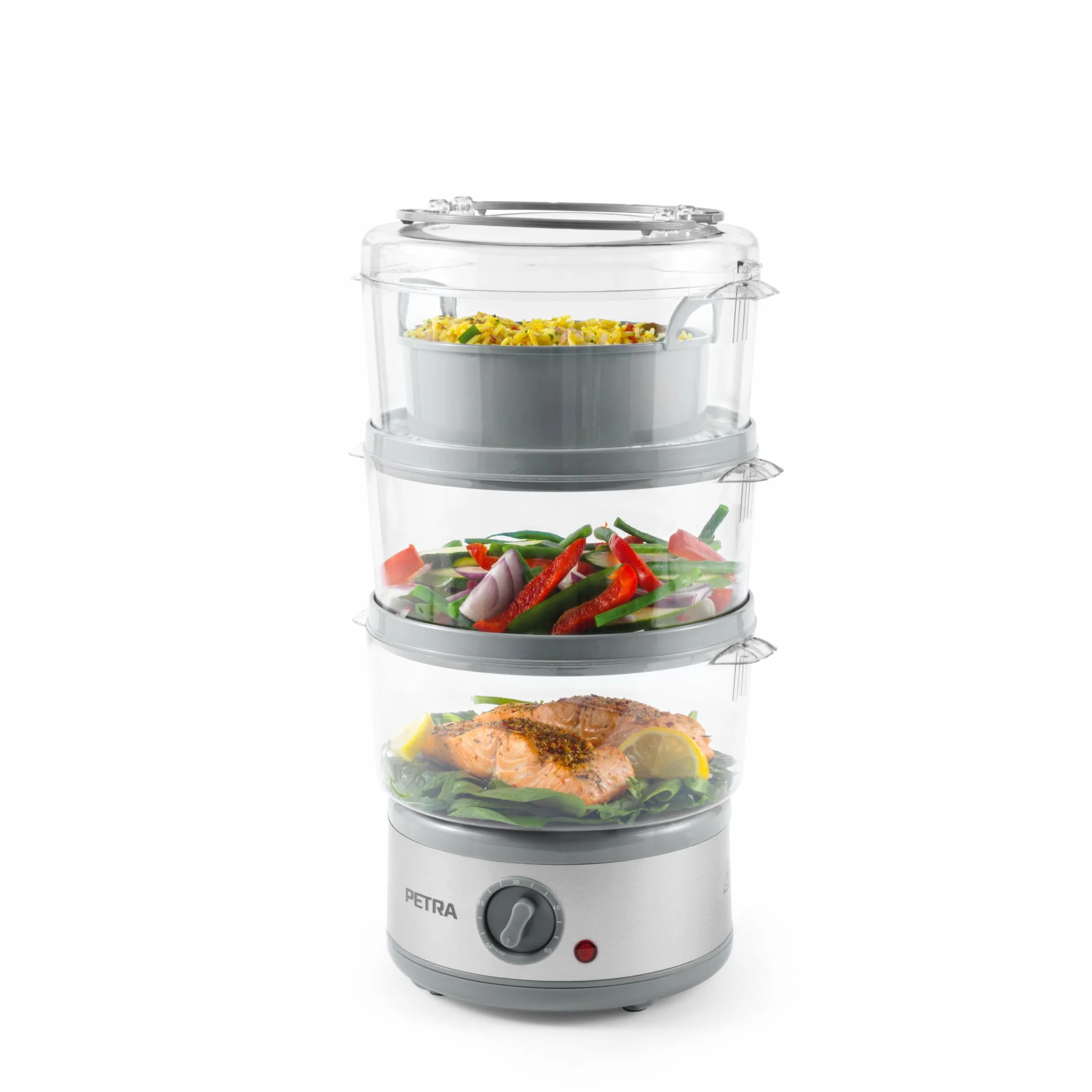 Petra PT2726ZV2HEVDE - Vaporiera elettrica a 3 livelli, 7,5 l, cestelli e contenitore per riso senza BPA, design compatto, timer da 60 minuti, 500 W, ciotole rimovibili, per carne e verdura