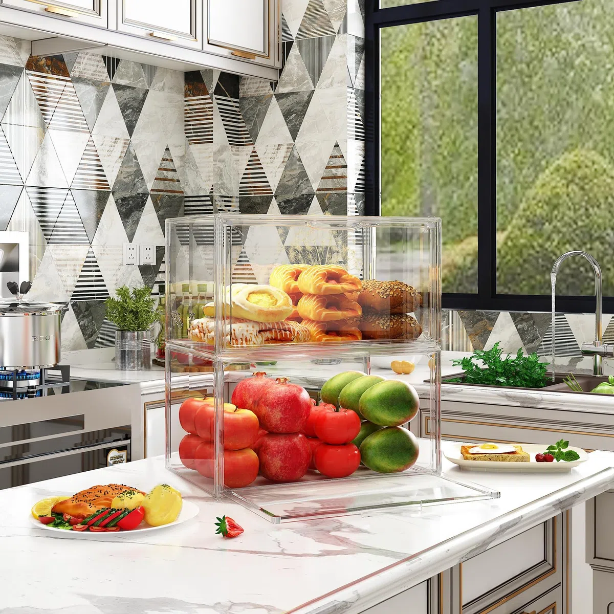 Porta Pane da Cucina Portapane Trasparente con Partizione 50-Carta Forno 8-Etichette Porta Brioches da Bar Vetrinetta Espositiva Porta Fette Biscottate (wu-mbh-transparent-h)