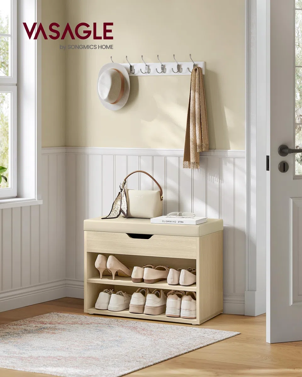VASAGLE Panca Scarpiera, Scarpiera Ingresso con Sedile Imbottito, 3 Scomparti, 30 x 60 x 44 cm, per Corridoio Camera da Letto Soggiorno, Beige Naturale LHS020K01