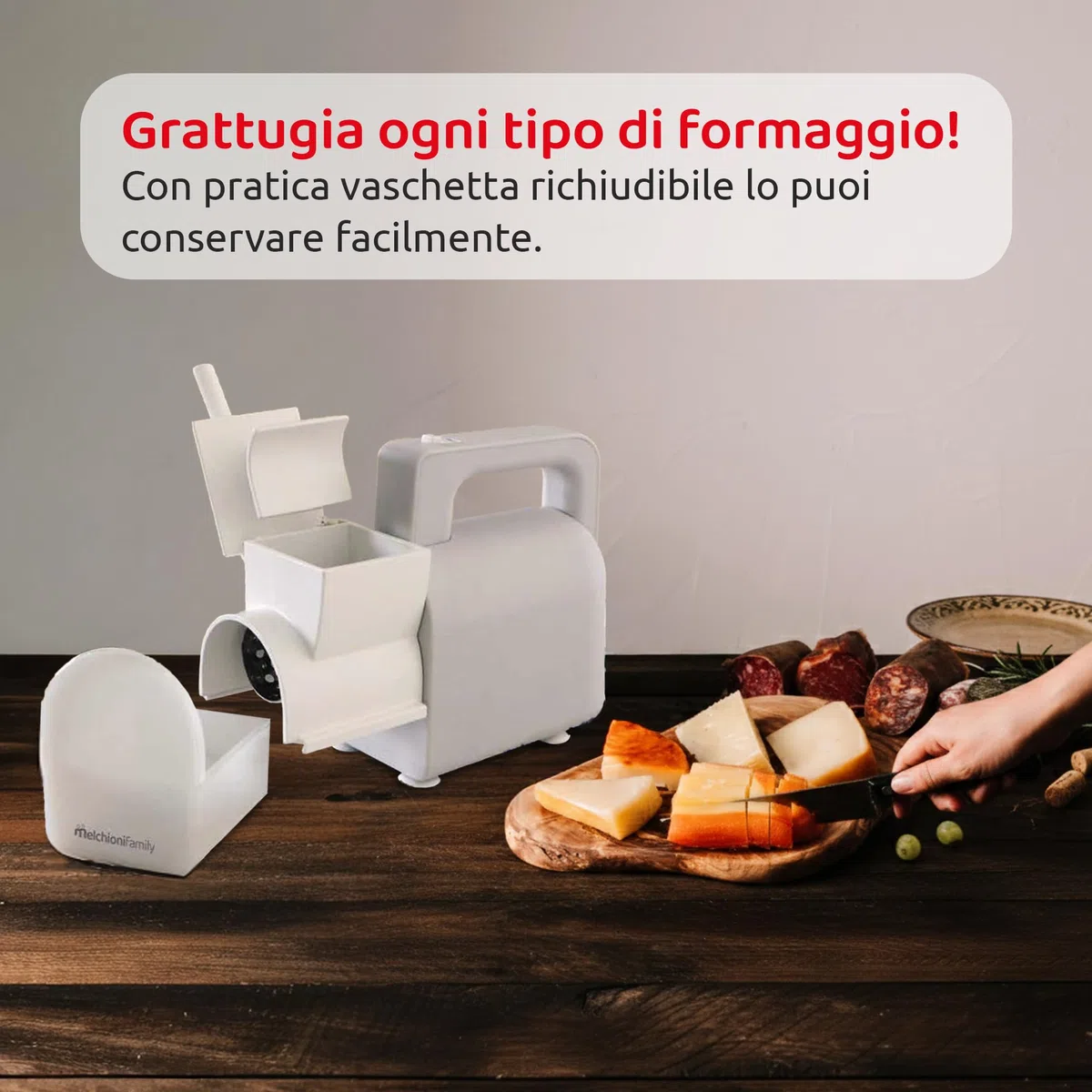 Melchioni Family | Grattugia Elettrica REGGIANA con Contenitore per Formaggio Richiudibile