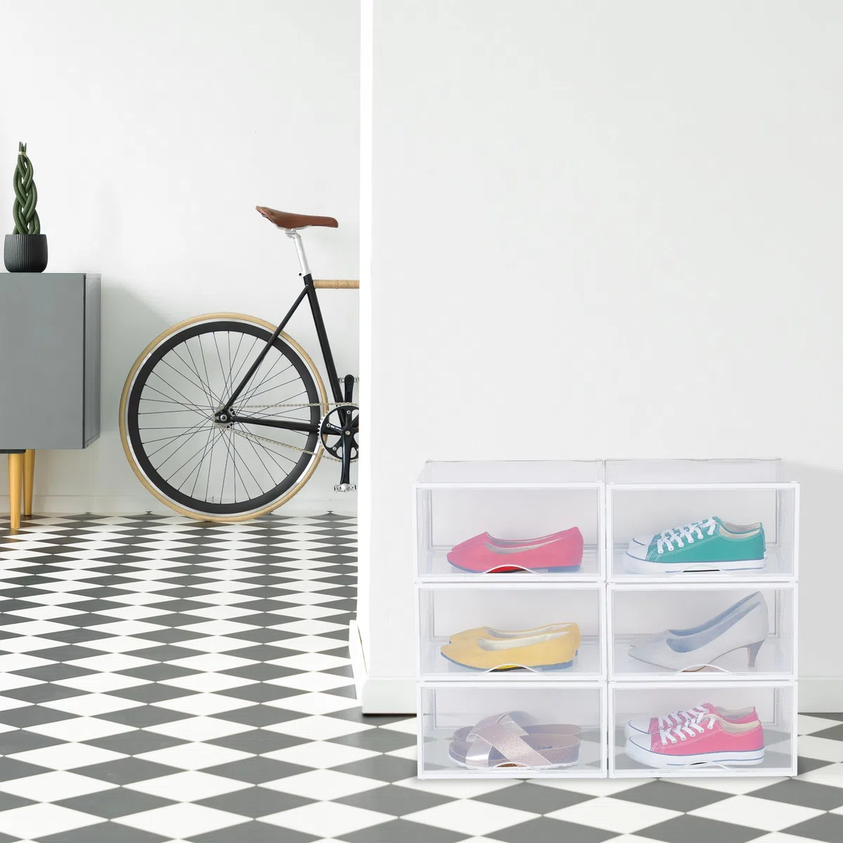 Relaxdays Set 6 Scatole di Plastica per Scarpe Fino al N. 48, Scarpiera con Box Impilabili, Shoe Organizer, Trasparente