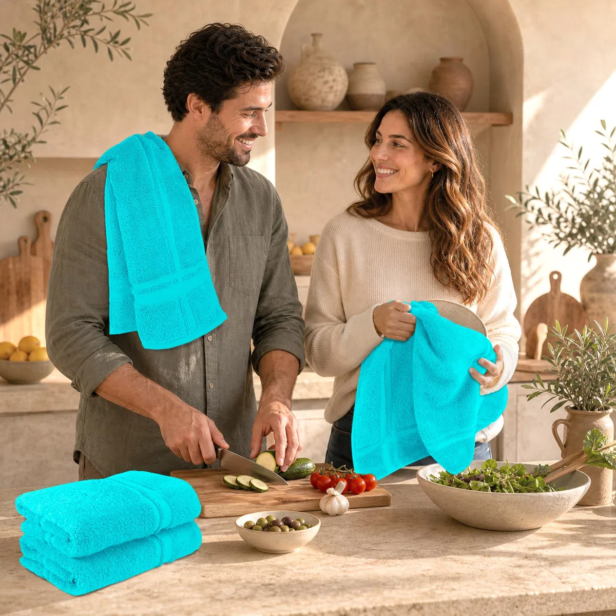 Lashuma London, set di 4 strofinacci cucina cotone colorati – strofinaccio 100% cotone, Turchese laguna, 50 x 50 cm