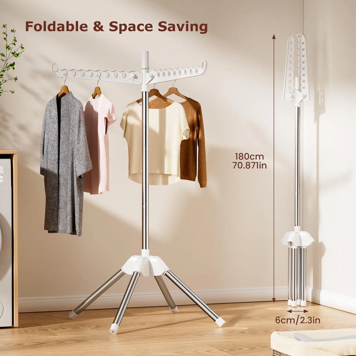 Abiglifty Stendibiancheria con 3 bracci girevoli, per interni, pieghevole, portabiancheria autoportante, altezza 154 cm, bianco