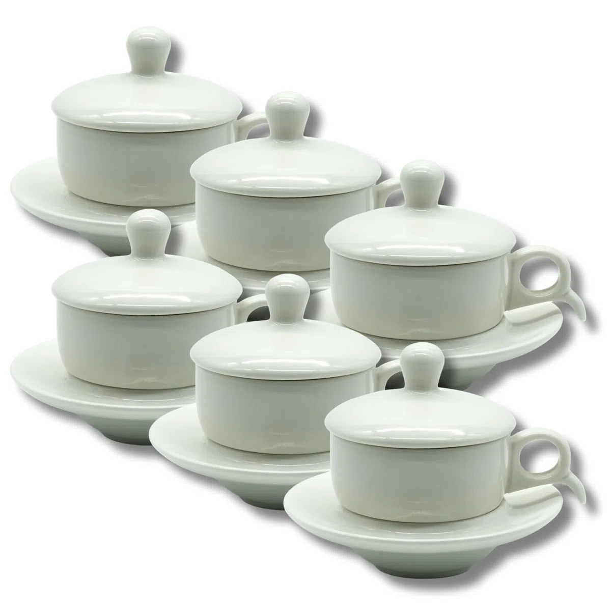 Set 6 Tazze da Caffè Impilabili con 6 Piattini 6 Coperchi Coordinati Porcellana Finitura Liscia e Raffinata Elegante Idea Regalo