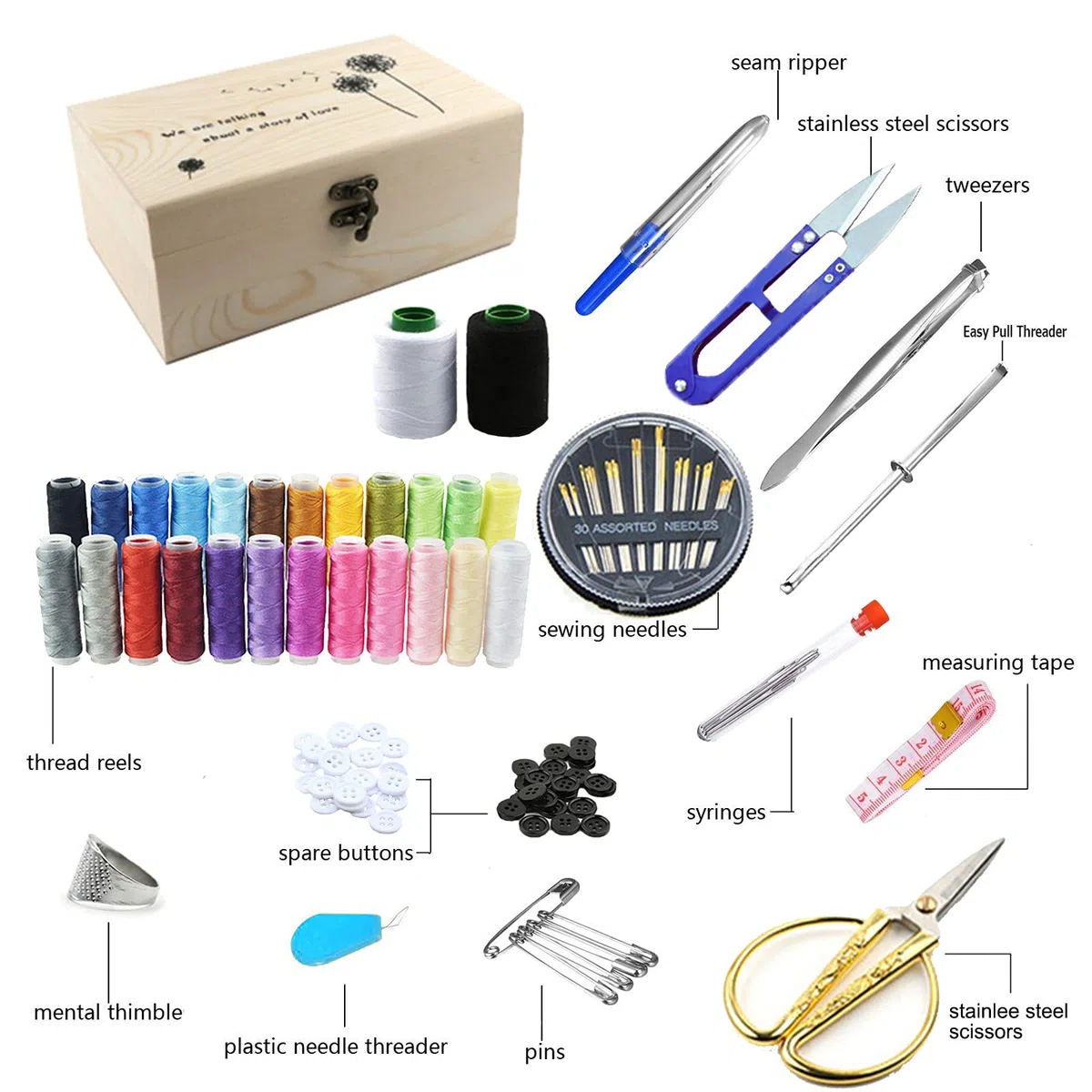 Cestino da cucito in legno, MKNZOME Oltre 110 pezzi Accessori per forniture per cucito fai-da-te Premium Mini kit da cucito portatili per adulti Bambini Principianti Viaggiatore