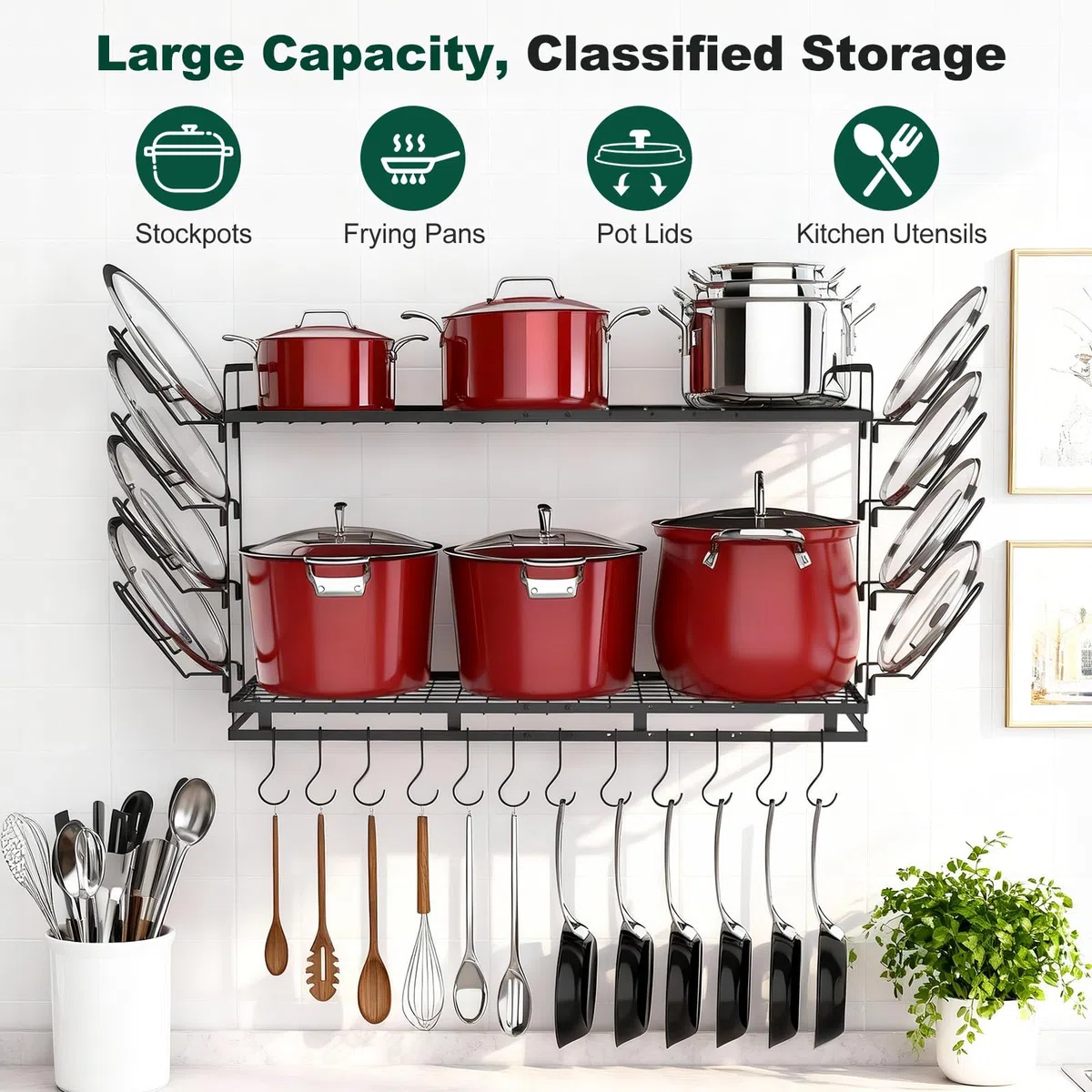 Housolution Porta Pentole da Parete, Lunghezza Estensibile da 57 a 77 cm, Altezza Regolabile su 3 Livelli, Organizer Padelle con 12 Ganci Verticali e 8 Supporti per Coperchi