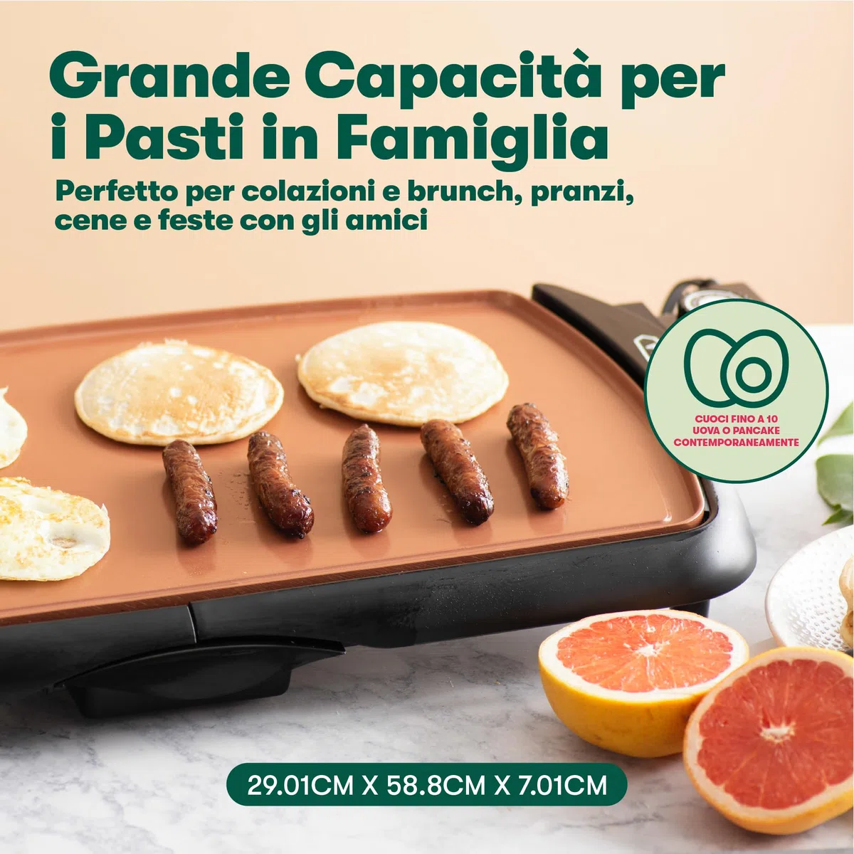 bella Piastra Elettrica con Rivestimento Antiaderente in Ceramica di Titanio, Superficie di Cottura Larga per Cuocere 10 Uova o 6 Pancakes, Sonda Rimovibile e Temperatura Regolabile, 27cm x 50cm, Rame