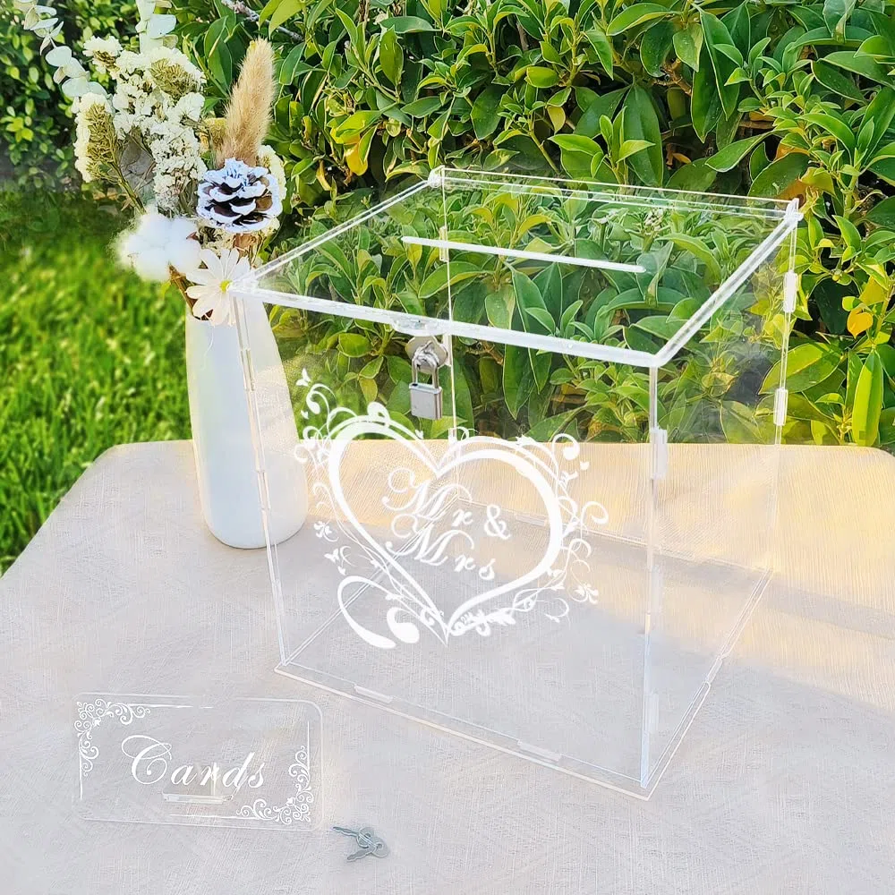 Jolik Grande Acrilico Scatola di Carta di Nozze Con Serratura e Slot per Buste Regalo - per Matrimonio, Anniversario, Festa di Compleanno (Trasparente)