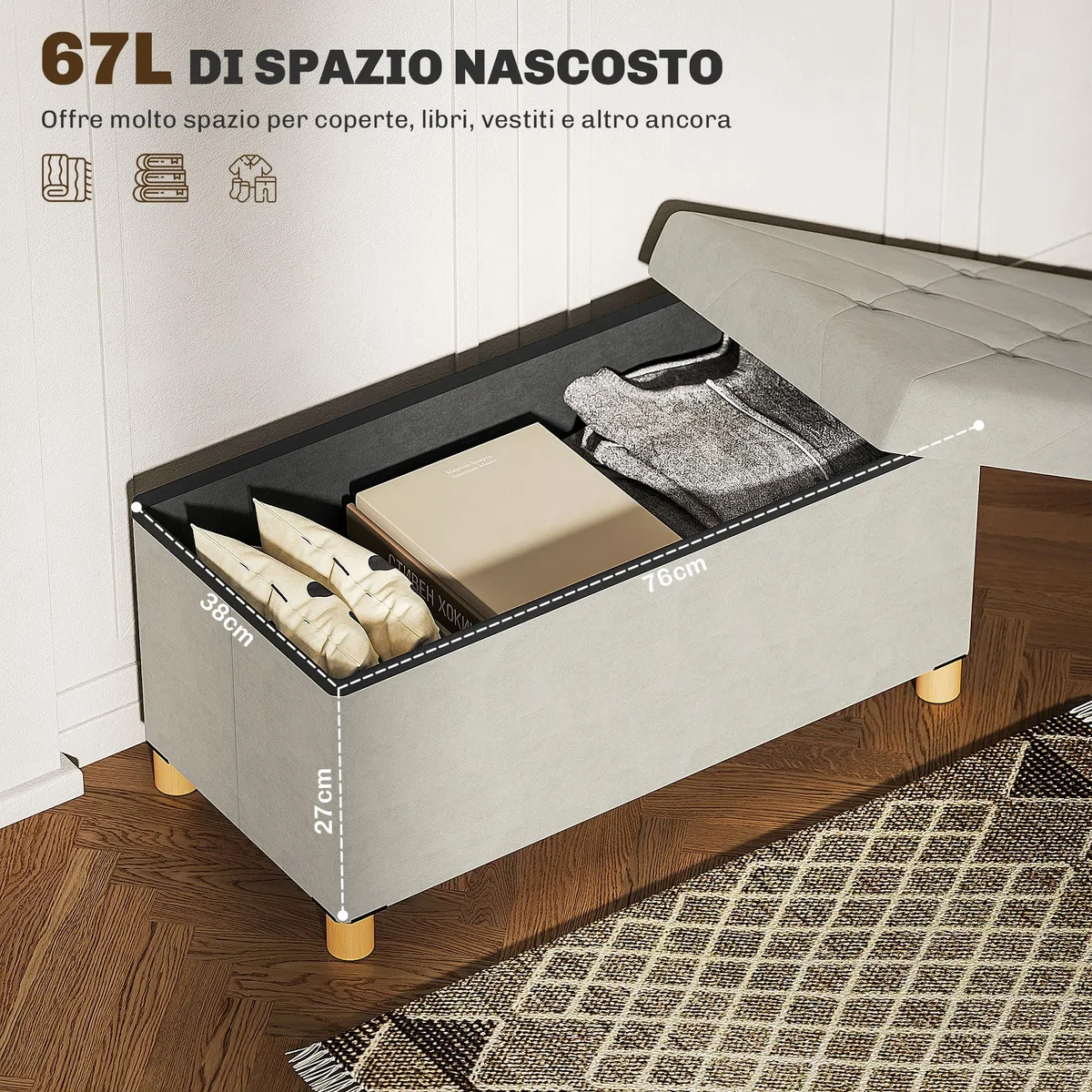 HOMCOM Panca Contenitore Pieghevole da 67L, Panca Fondoletto con Coperchio Imbottito e Rivestimento Vellutato, per Soggiorno, Camera da Letto e Ingresso, 76x38x38cm, Bianco Crema