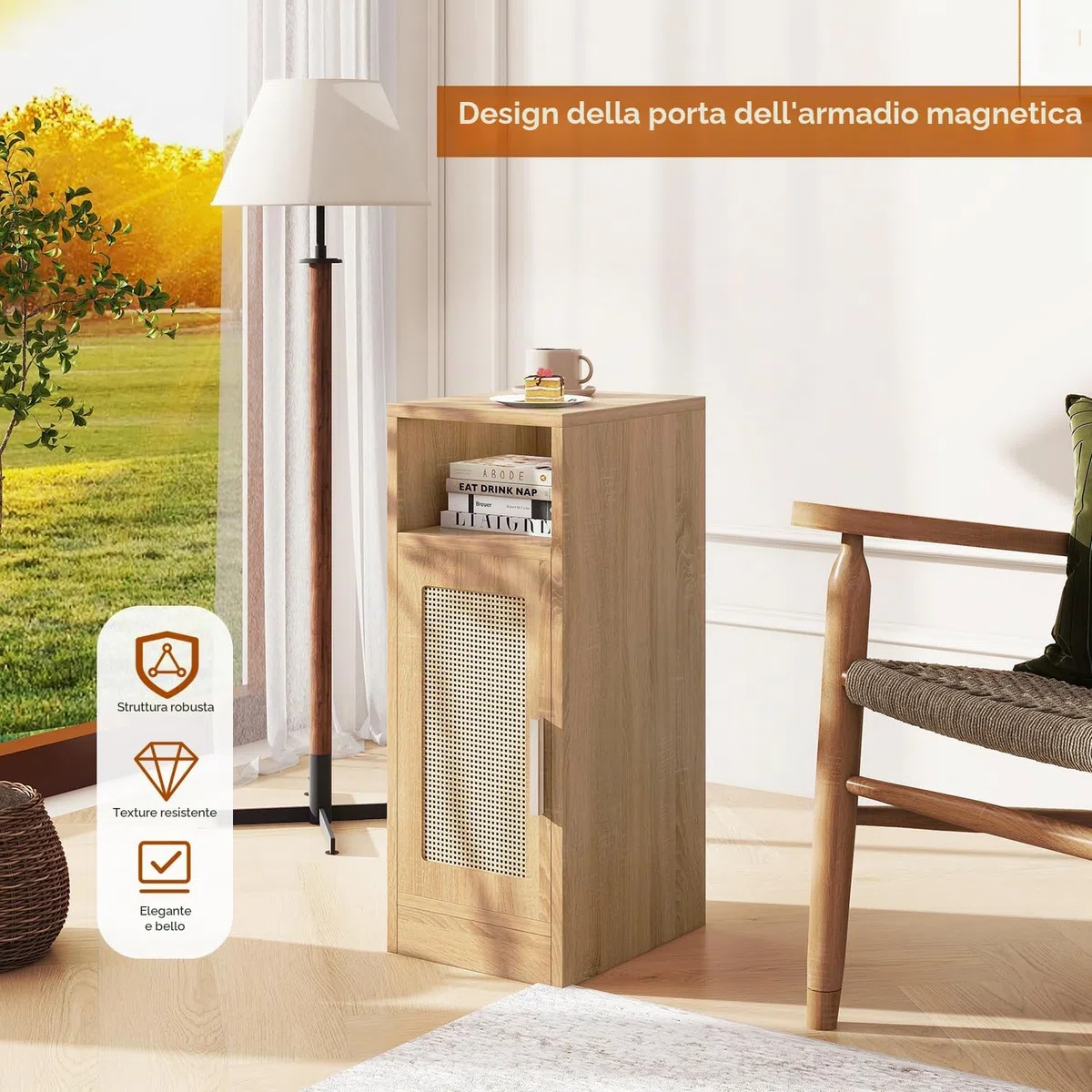 IBUYKE Set di 2 comodini sottili, comodino in rattan con scomparti aperti e armadio per piccoli spazi, tavolino laterale piccolo e stretto per camera da letto e soggiorno, naturale WNS012N-2