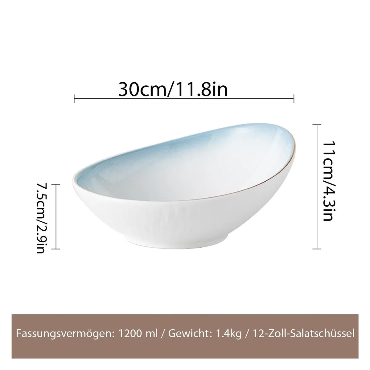 Insalatiera in ceramica per pasta, insalata, frutta, 30 cm/1200 ml, colore: nero