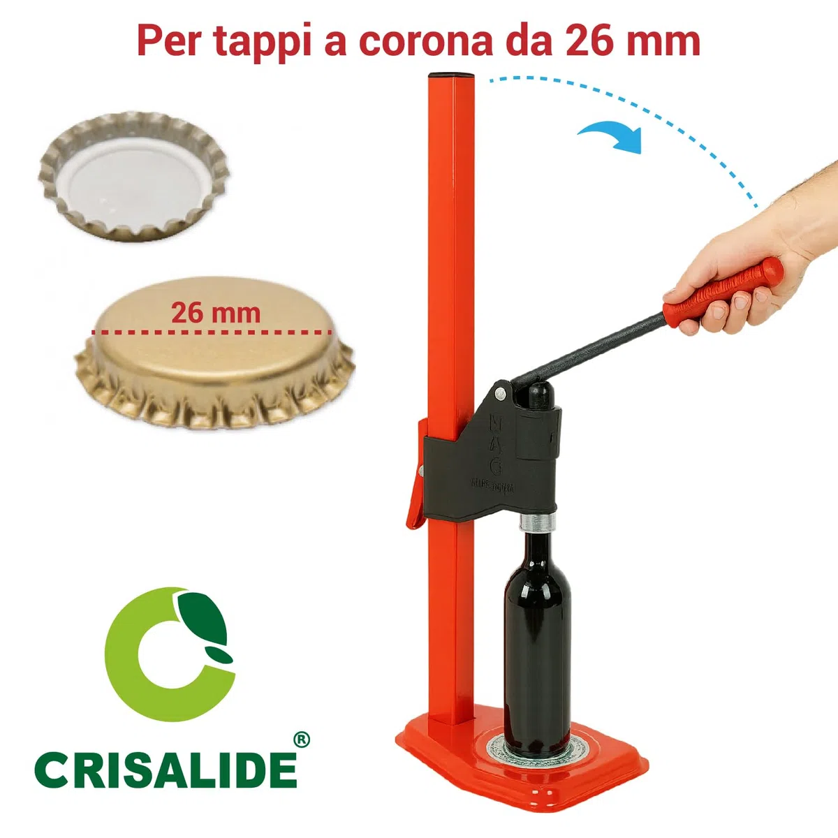 Crisalide® Tappatrice a Colonna a Leva – per Tappi a Corona Ø26 mm – Altezza Regolabile Manuale – Strumento per Imbottigliamento Birra, Vino e Bevande