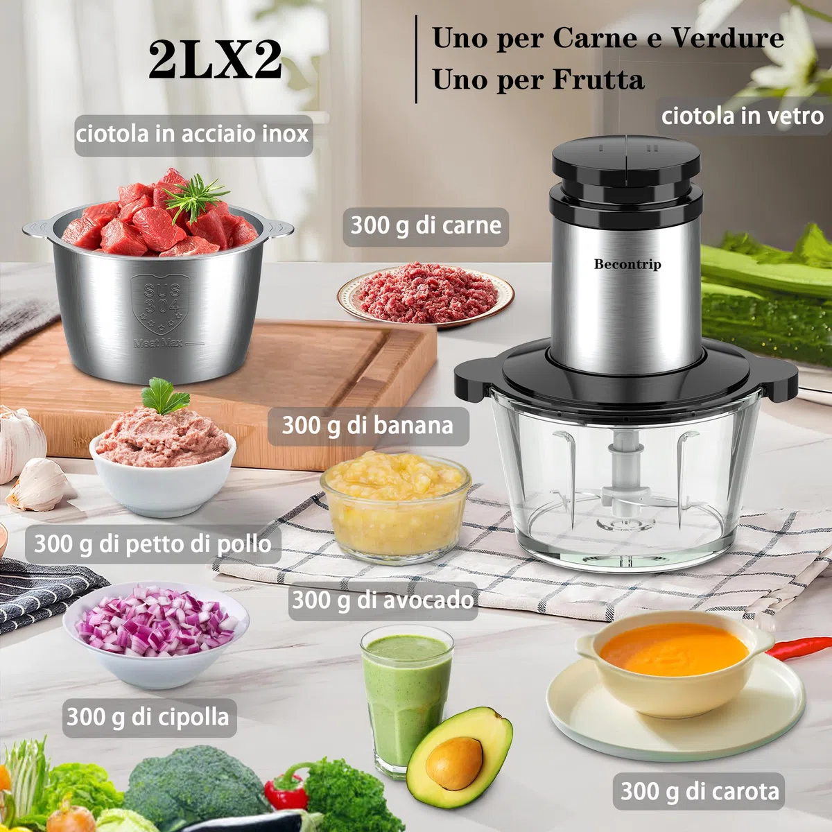 Tritatutto da Cucina Elettrico, 500W 2L Tritatutto Elettrico con Motore in Rame, 2 Ciotole (Vetro + Acciaio Inox), 4 Lame Affilate, 2 Velocità, Mini Frullatore per Carne/Verdura/Baby Food