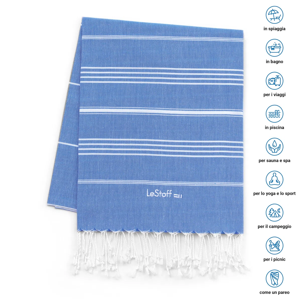 LeStoff Telo mare (Set di 2) - 100% Cotone bio, 95 x 180 cm, Prelavato, Assorbente, Asciugatura Rapida, Leggero, Fouta, Telo Spiaggia, Telo Bagno, Asciugamano Sportivo (Azzurro - Celeste)