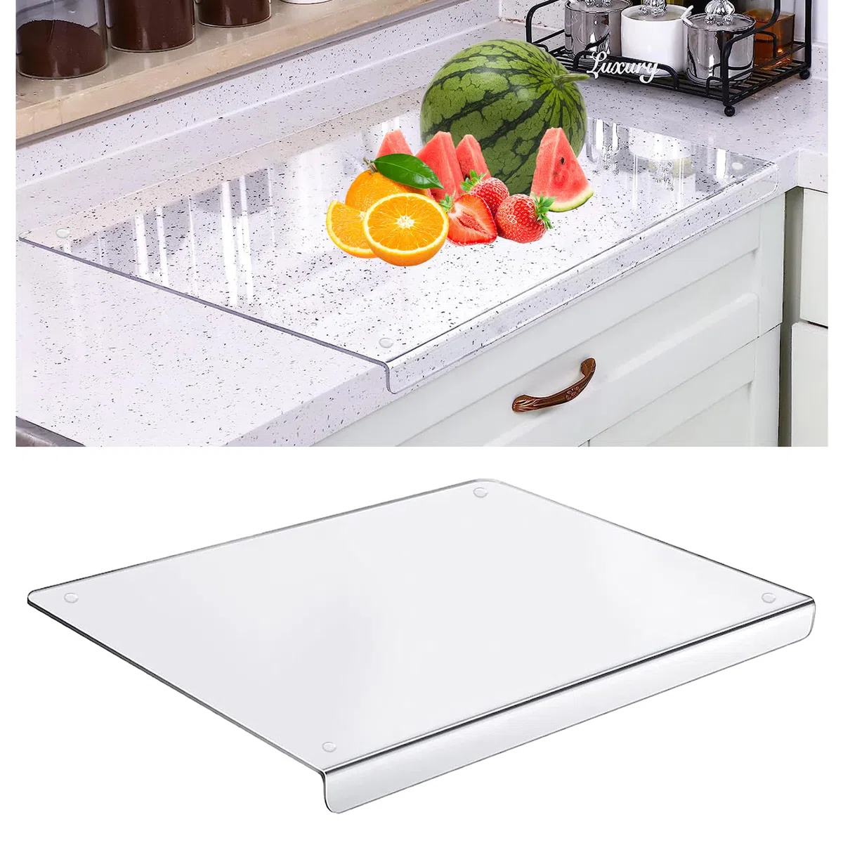 Tagliere Acrilico da 5 mm Con Bordo di Arresto, 45 cm x 40 cm, Trasparente per Bancone Cucina, Antiscivolo Con Labbro
