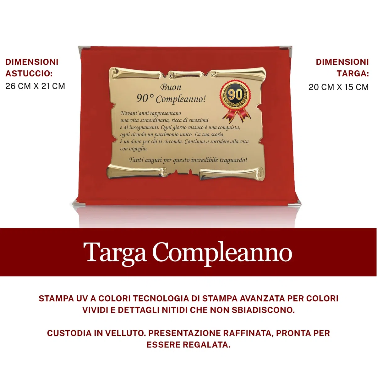 Targa Compleanno con Pergamena – Targa Celebrativa in Cofanetto Velluto – Idea Regalo Elegante per Compleanno e Ricorrenze – Targa Ricordo (Rosso, 90 Anni)