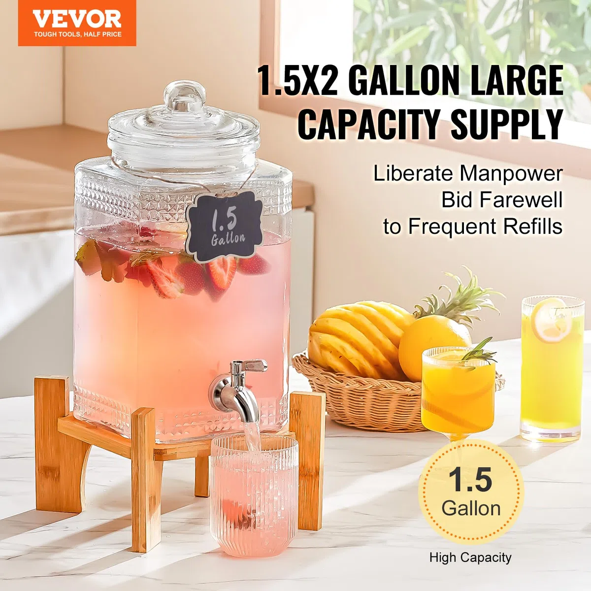 VEVOR Dispenser per Bevande di Vetro, Dispenser per Bevande da 5,5 Litri per Feste, con Supporto, Rubinetto Acciaio Inossidabile, Dispenser per Acqua per Succo, Tè Freddo, Ristoranti, Hotel, Feste